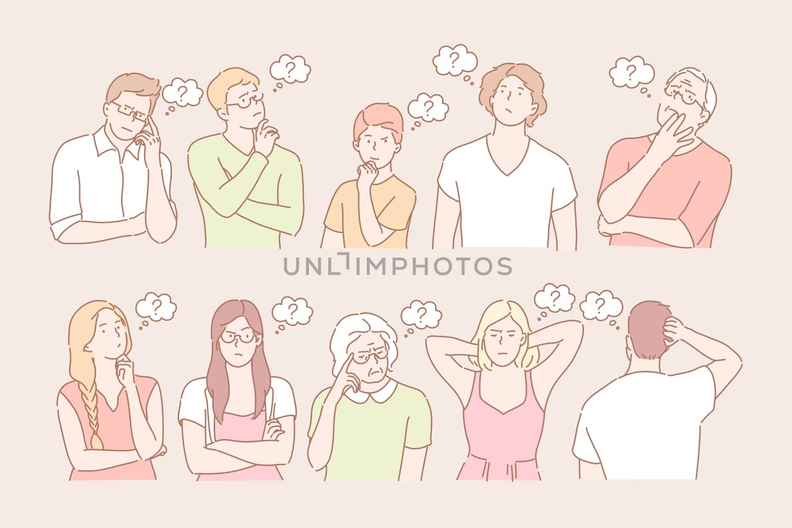 Set of thinking people concept. Illustration of bundle of thoughtful people with question mark. Group of young men and women are thinking and solving problems. Brainstorm process in cartoon style.