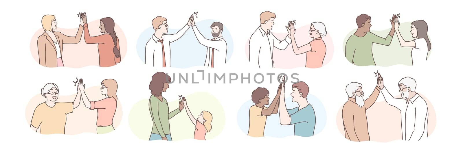 People giving high five set concept. Group of young and old people make informal greeting. Illustration or collection of cheerful colleagues and multiethnic friends giving high five to each other.