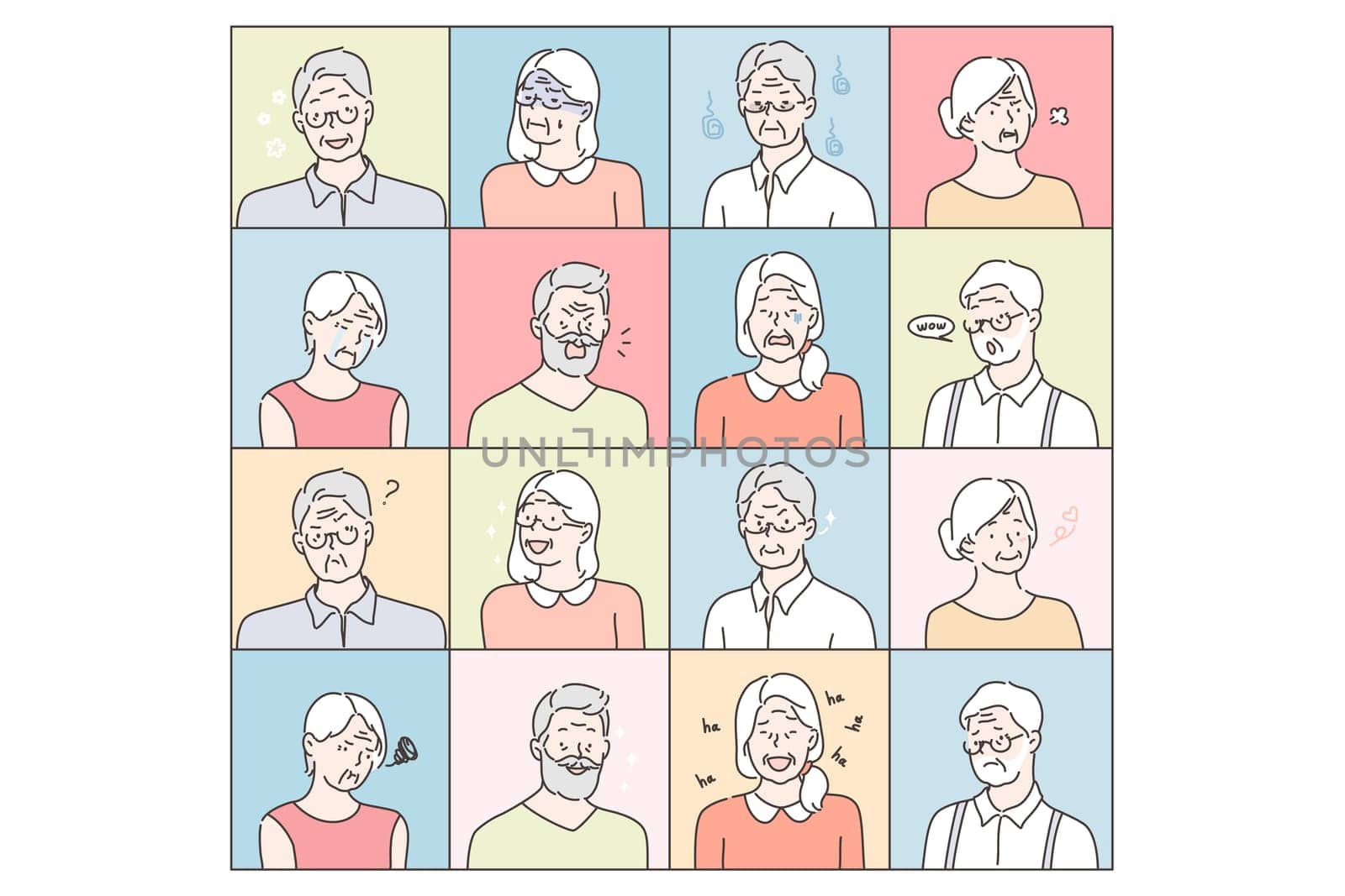 Old people emotions set concept, Bundle or collection of portraits of old men and women showing positive and negative emotions. Grandmothers and grandfathers facial expressions in cartoon style