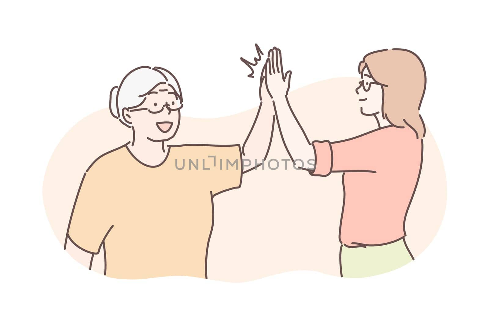 Old and young age, congratulation concept. Old grandmother congratulates her grandson. Illustration of family friendship. Old and young age team communication in cartoon style. Simple flat vector