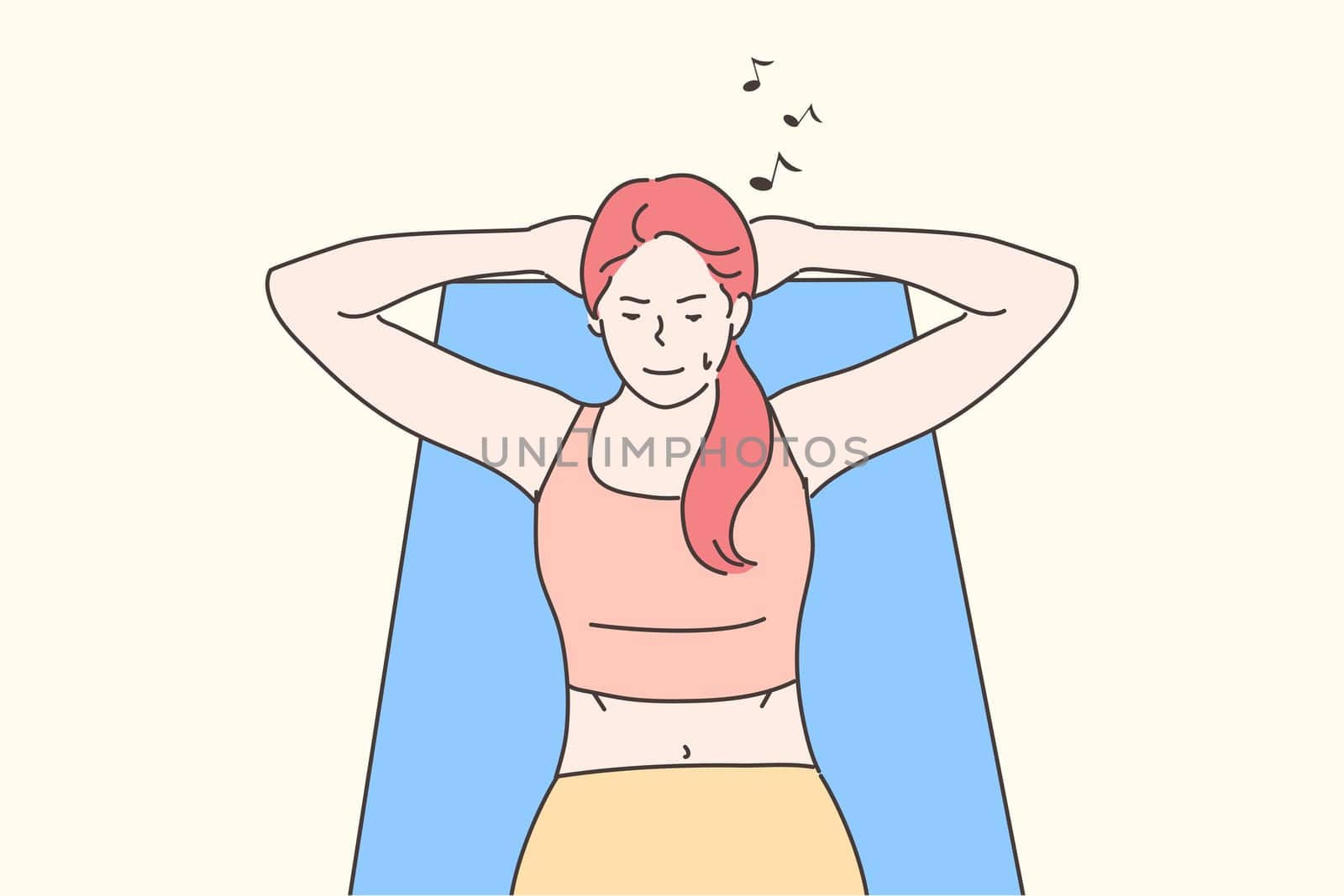 Sport, sit up, health, care, workout, activity concept. Young woman girl athlete cartoon character lies on towel and doing body sit ups with music. Healthy lifestyle and active recreation illustration