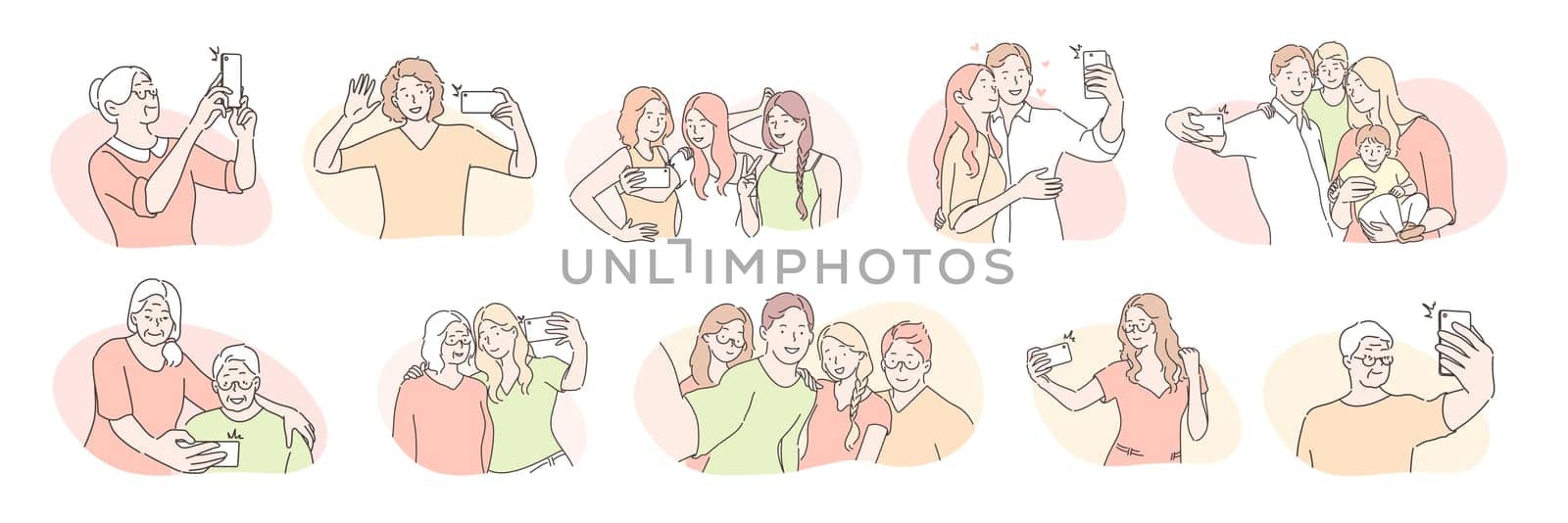 Young and elder people, selfie set concept. Different people, bloggers, family and couples in love, friends and oldster with crone are taking selfie online in cartoon style. Social media communication