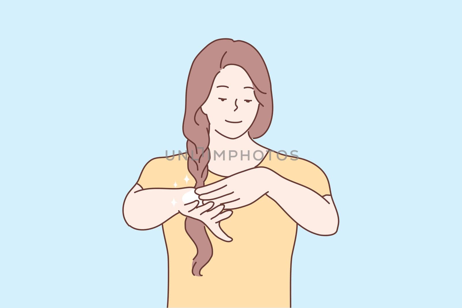 Beauty, skincare, health, makeup, treatment concept. Young happy woman girl character applying organic cosmetic ointment cream on hand. Healthy lifestyle and moisturizing for soft skin illustration.