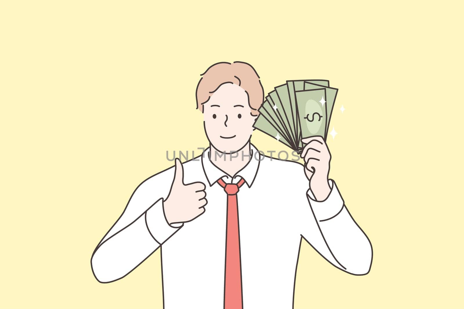 Business, success, goal achievement, wealth, money concept. Young happy smiling businessman clerk manager standing with cash dollar fan and showing like sign. Reaching purposes and currency profit.