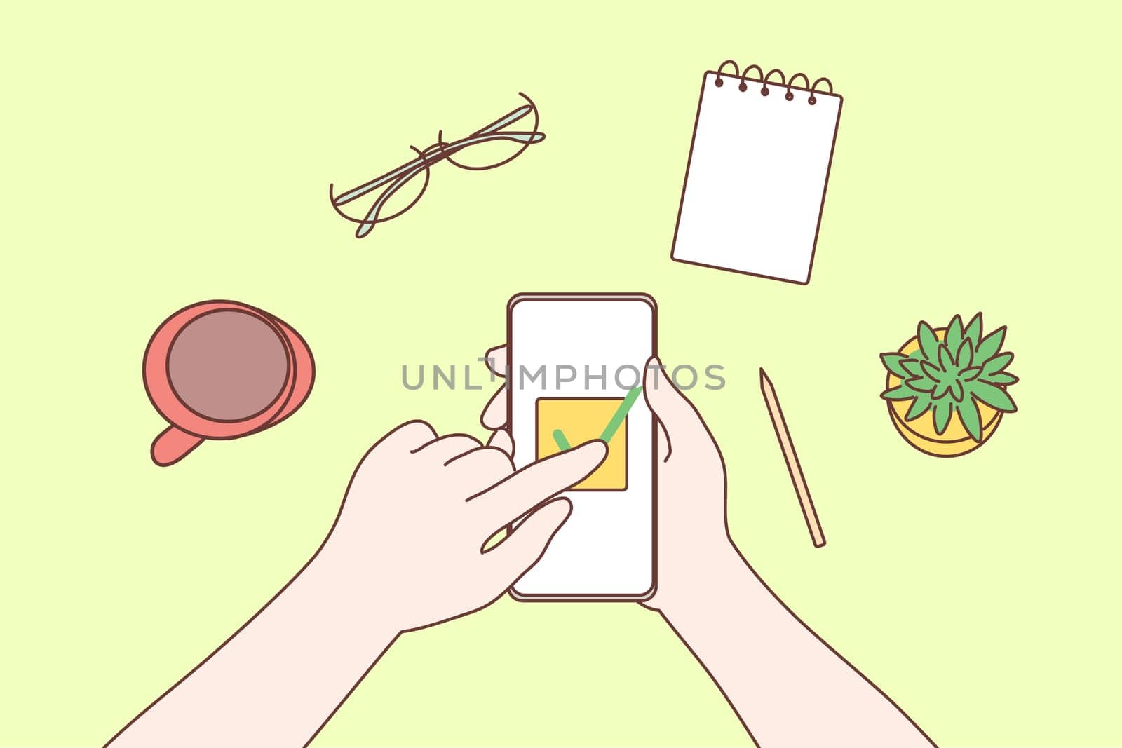 Technology, mobile, media, business concept. Human character hands using smartphone in office for work or social network communication watching videos. Cashless shopping order payment confirmation.
