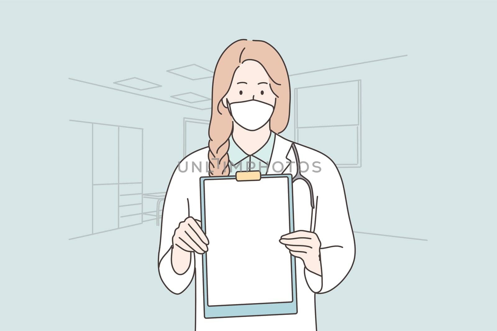 Healthcare, medicine, coronavirus, infection, diagnosis concept. Young woman girl doctor nurse character with medical face mask holding board. 2019ncov protection and covid19 desease illustration.