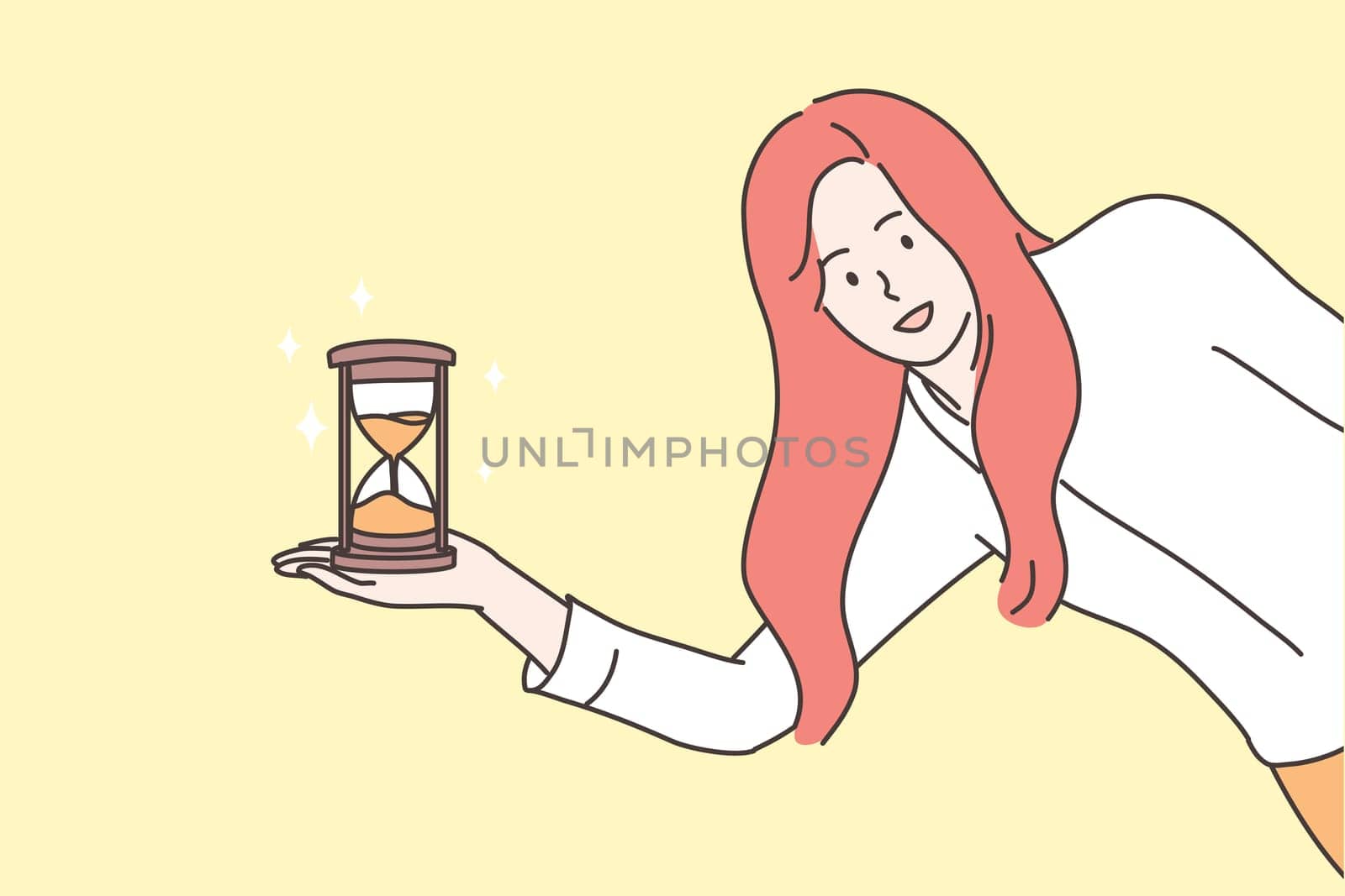 Time management, business concept. Young smiling businesswoman girl clerk manager cartoon character standing with sand glass clock and looking at camera. Work delay or project deadline illustration.