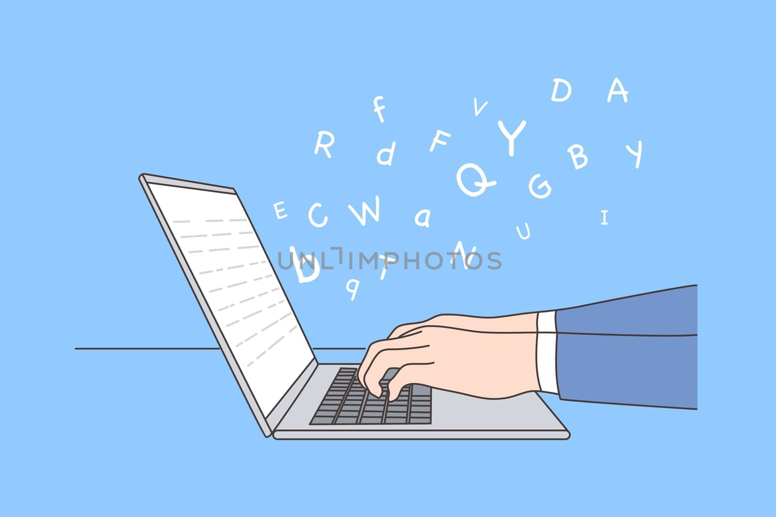 Business, work, education, report, storytelling concept. Human character editor author writer hands typing text narration using laptop. Grammar language learning remotely or sending email illustration