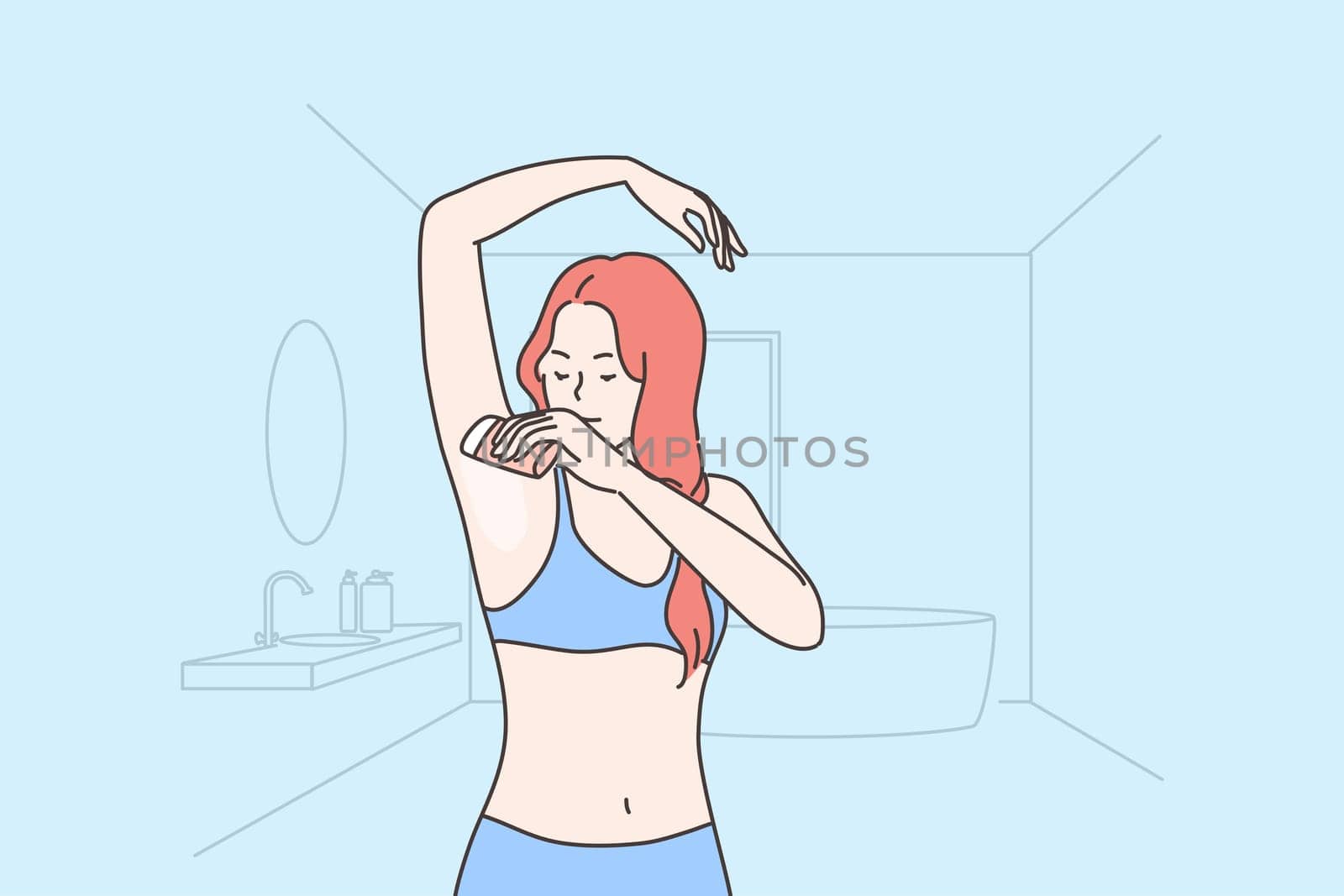 Health, care, smell concept. Young happy woman or girl cartoon character applying deodorant on armpit for good fresh scent. Healthy lifestyle and domestic daily morning routine procedure illustration.