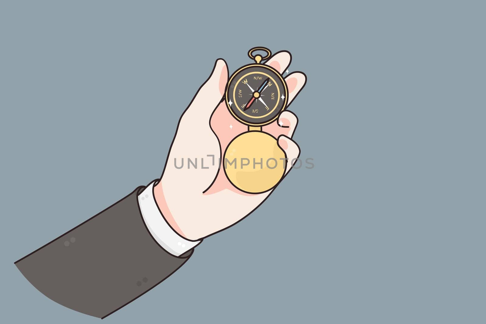 Business navigation, growth, recovery concept. Hands of businessman holding compass navigate to resume business growth in economic crisis over grey background vector illustration