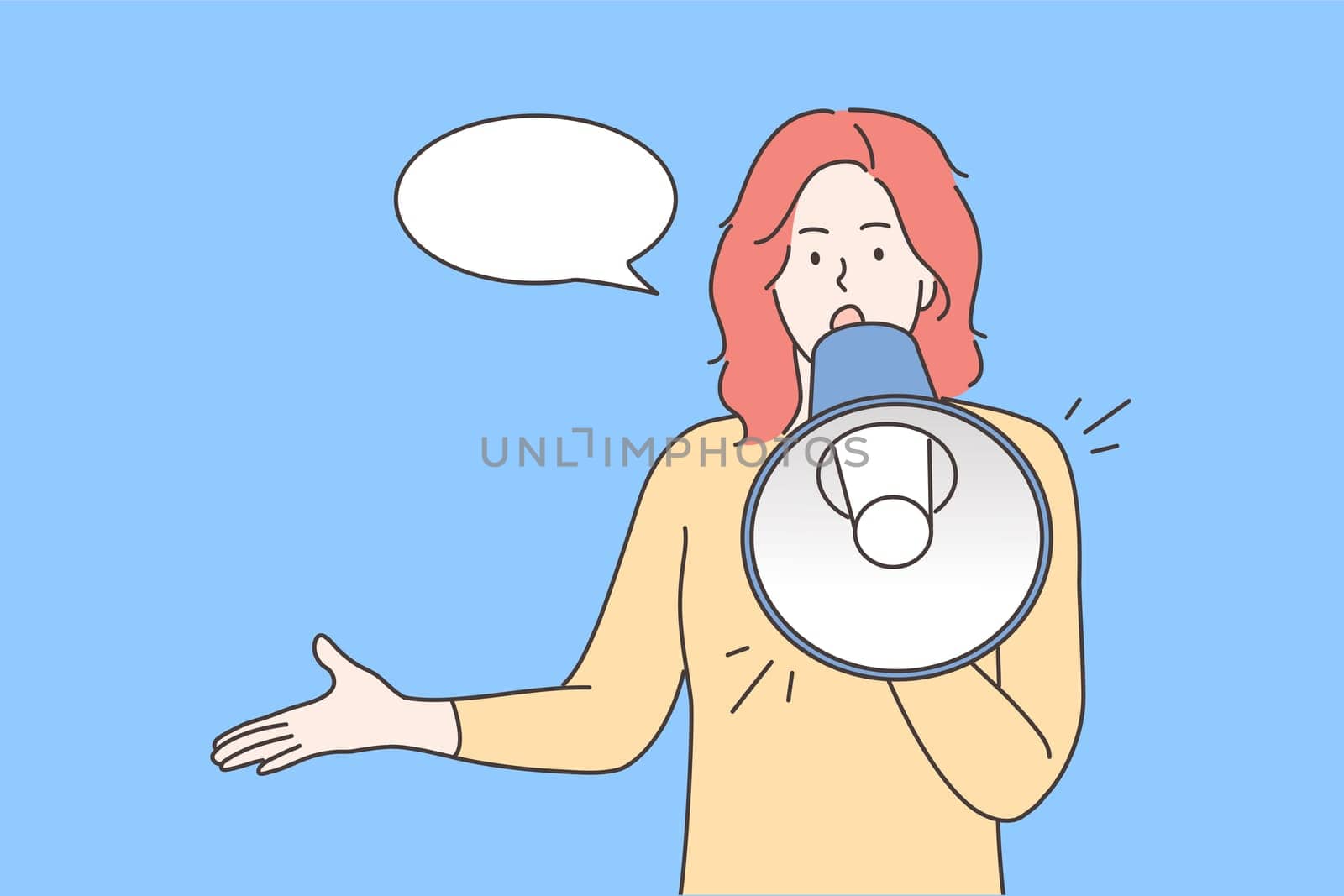 Protest, activism, announcement, speech, promotion concept. Young woman or girl protester activist cartoon character standing yelling with loudspeaker mouthpiece. Promo marketing or ads illustration.