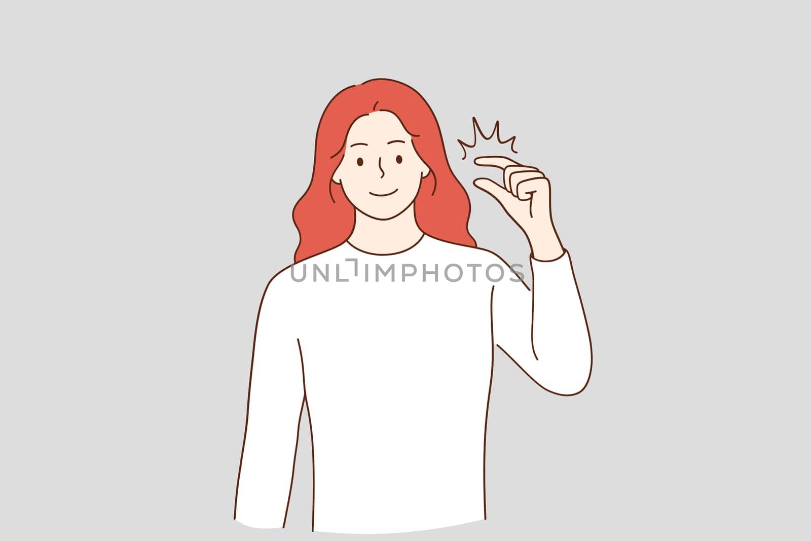 Little bit and small amount concept. Smiling red haired woman cartoon character showing little bit gesture, showing something insignificant vector illustration