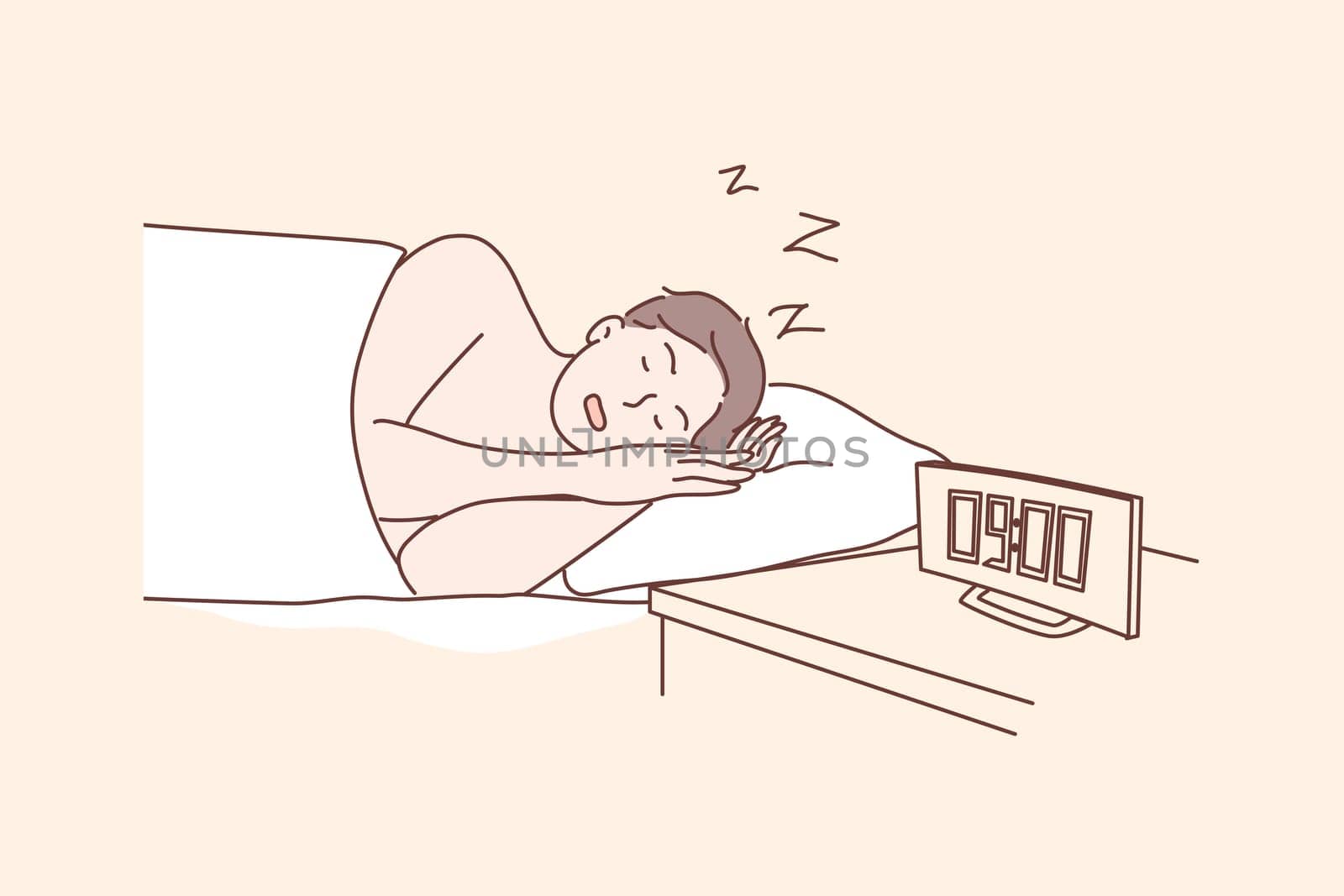 Morning, sleep, health, care, dream, relaxation concept. Young man or guy cartoon character lying sleeping in morning at home bed after long work. Taking nap for healthy rest lifestyle illustration.