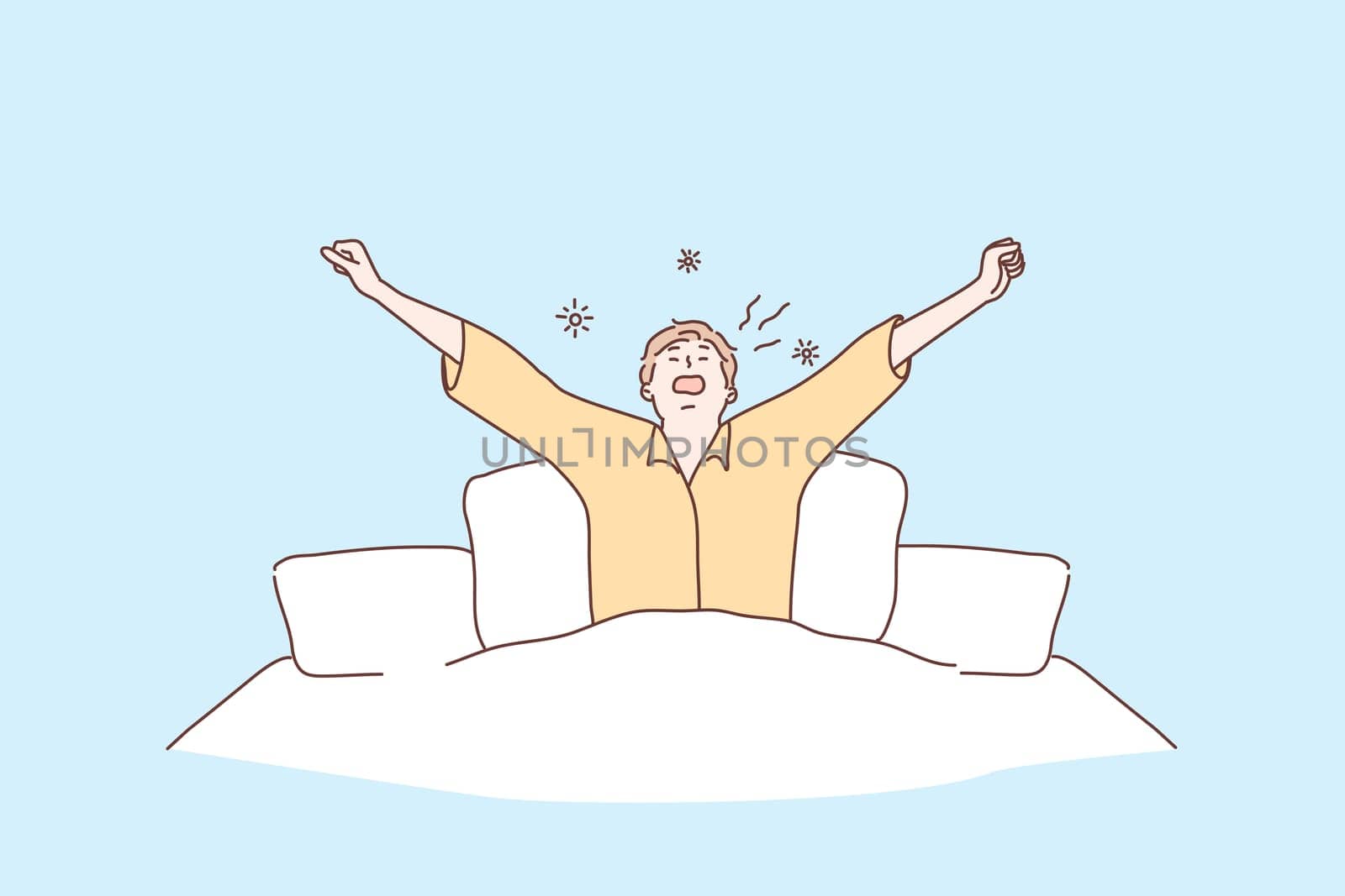 Morning, health, care, awakening, relaxation concept. Young man or guy cartoon character awaking in morning at home bed after long deep sleep. New day beginning and healthy rest lifestyle illustration
