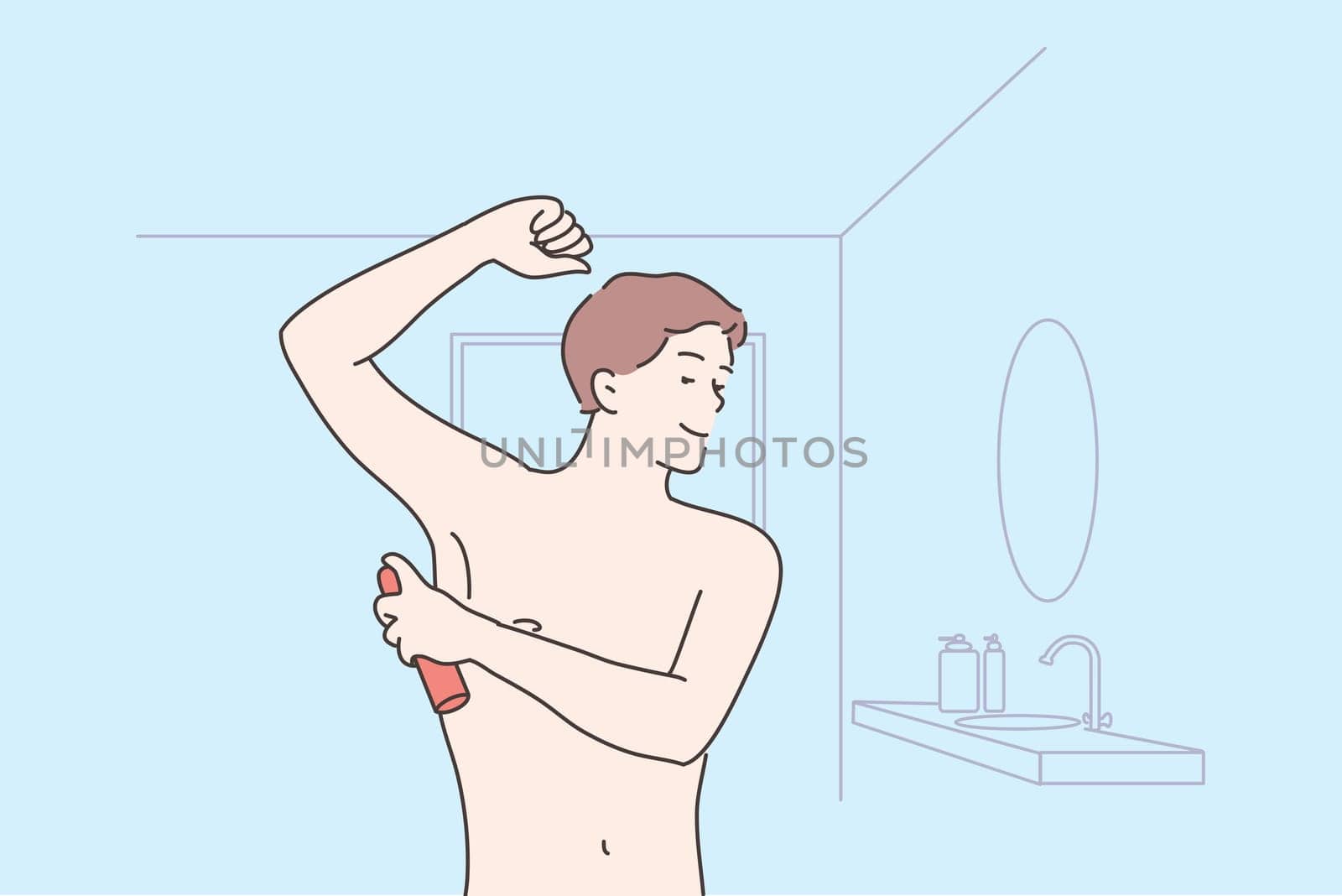 Health, care, smell concept. Young happy man or guy cartoon character applying spray on armpit for good fresh scent or odor. Healthy lifestyle and domestic daily morning routine procedure illustration