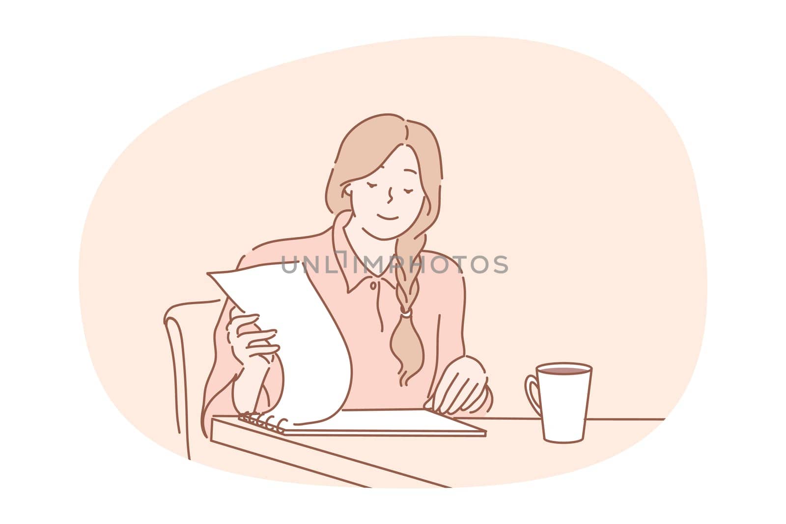 Work, business, management, analysis concept. Proffesional young businesswoman clerk manager accountant reads report searching documents contracts at office workplace.Financial research and paperwork.