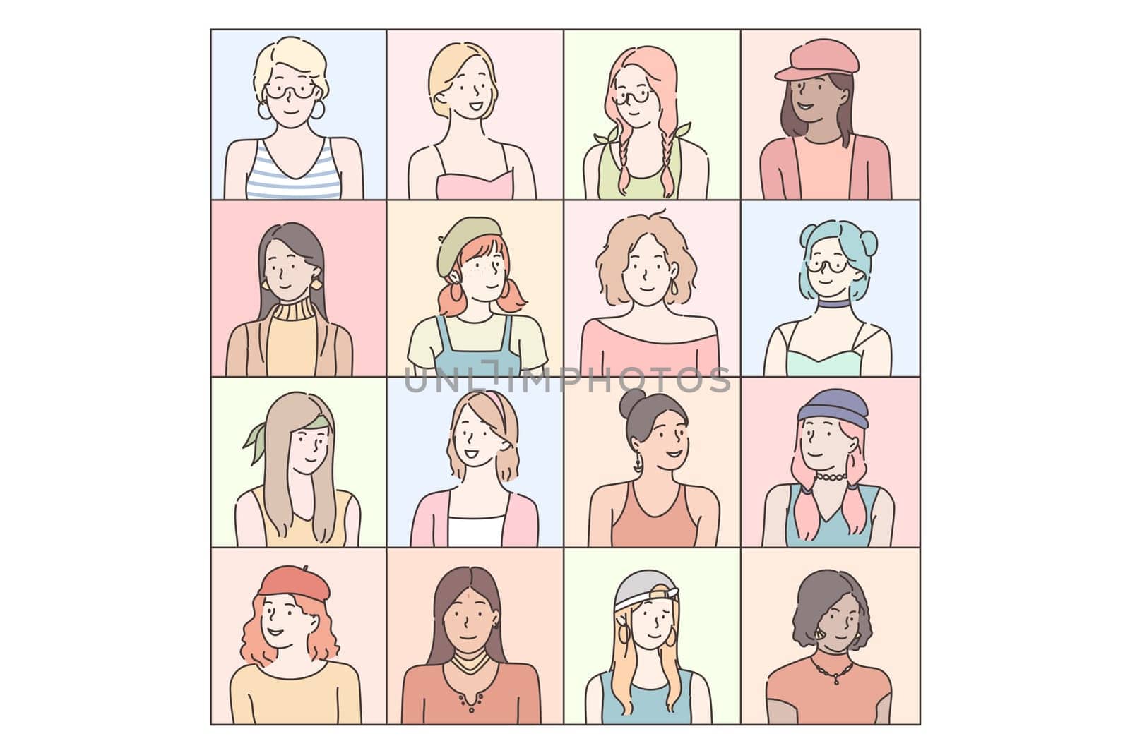 Fashionable womens emotions set. Collection of illustrations of fashionable women students expressing different emotions. Portraits of girls teenagers with positive and negative face expressions.