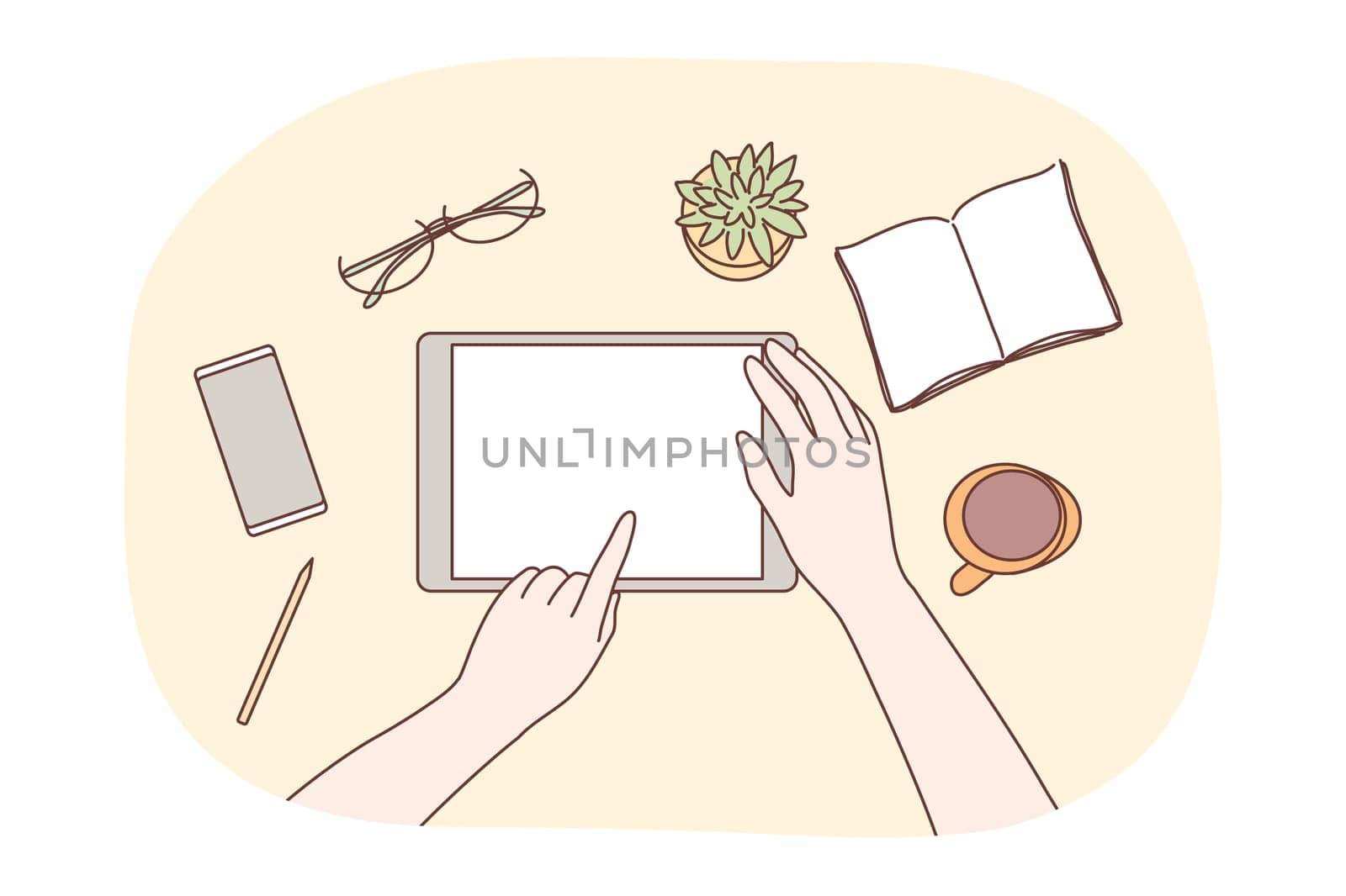 Technology, mobile, social media, business concept. Human character designer hands using blank tablet in office workplace for jub web network communication. Digital technological gadgets in daily life