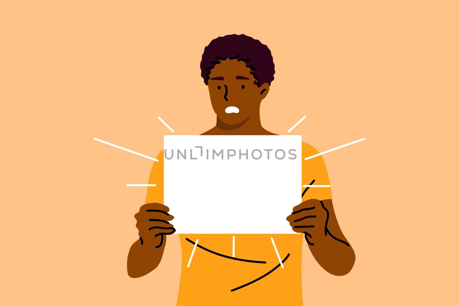 Protest, activism, discrimination, banner concept. Young serious african american man guy activist protester holding empty blank poster placard. Racial intolerance and black lives matter illustration.