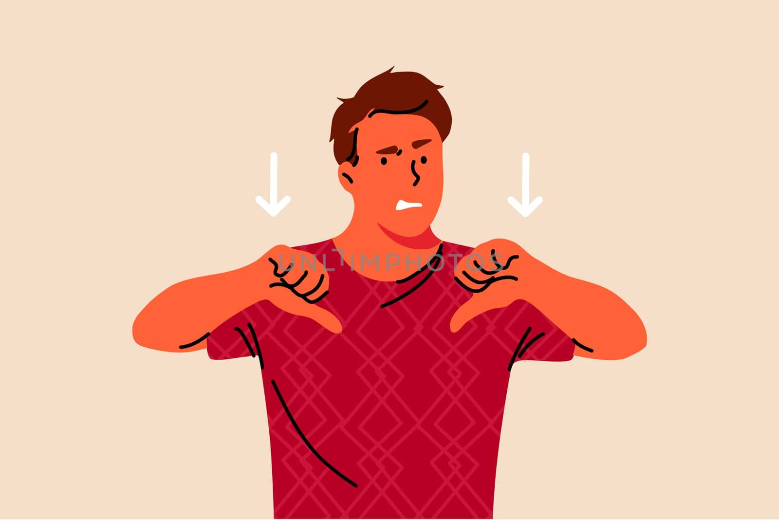 Denial, dissapproval, dissapointment, negativity, emotion concept. Young unhappy dissatisfied man or guy showing thumds down. Negative reaction expressions gesture and dissagreement illustration.