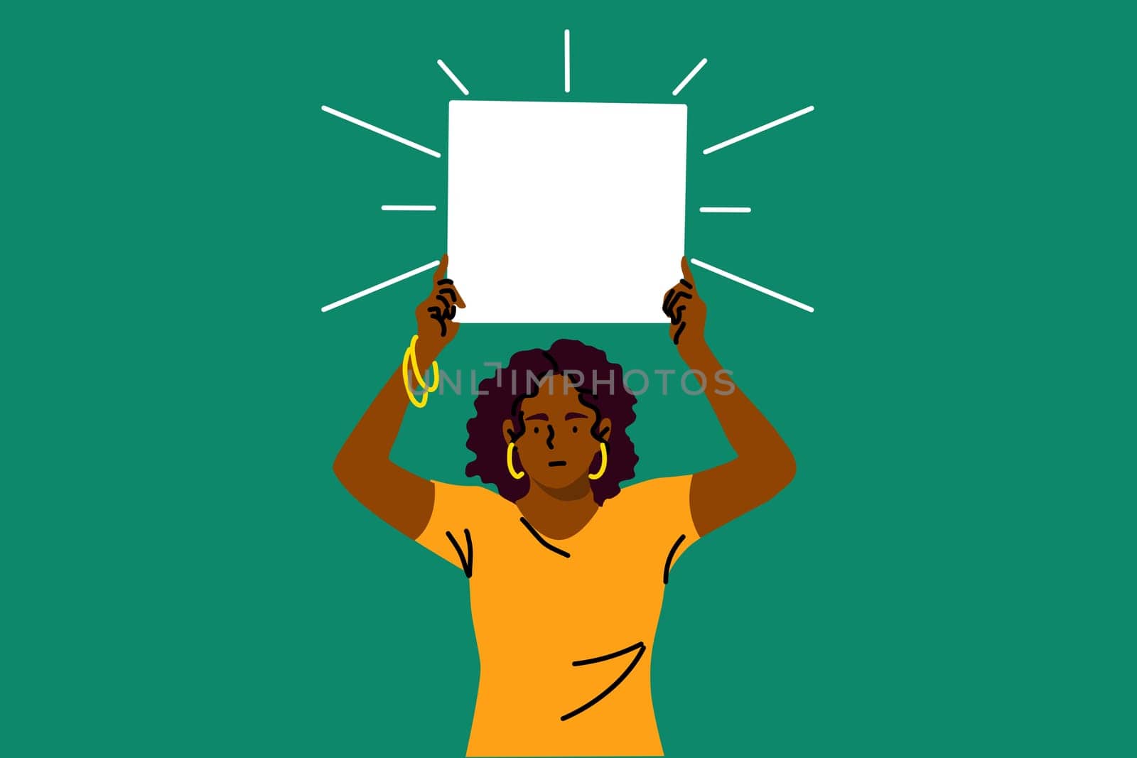 Protest, activism, discrimination, banner concept. Young serious african american woman activist protester holding empty blank poster placard. Racial intolerance and black lives matter illustration.