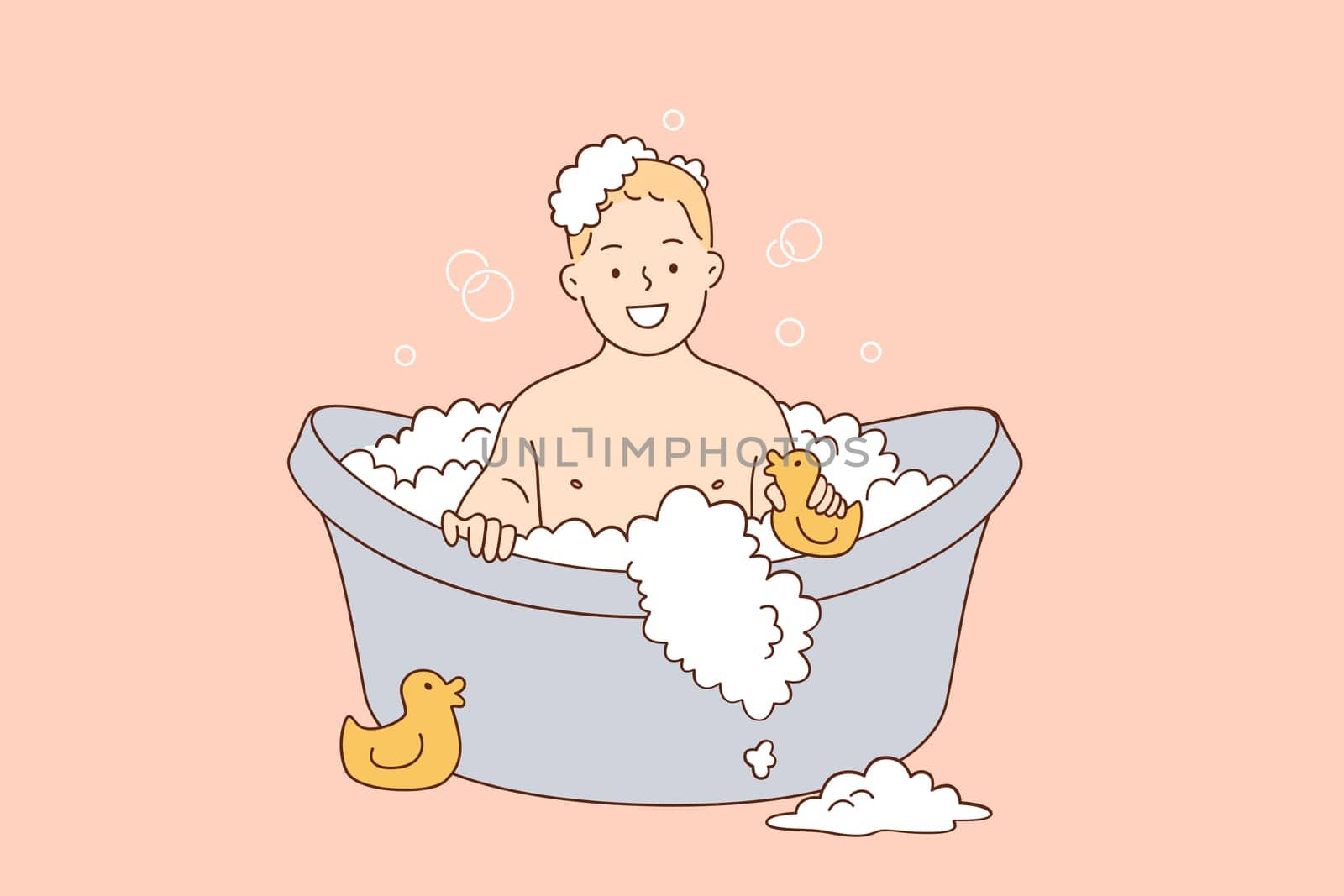 Hygiene and care for children concept. Happy laughing boy kid taking bath playing with foam bubbles.sitting in bathroom vector illustration