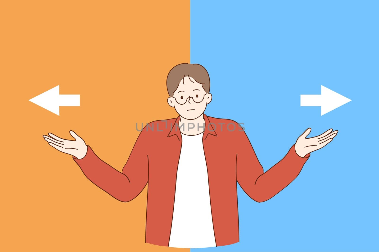 Doubt, Making decision, hard choice concept. Frustrated young man spreading outstretched arms trying to choose right or left direction and right way path to go feeling uncertain frustrated