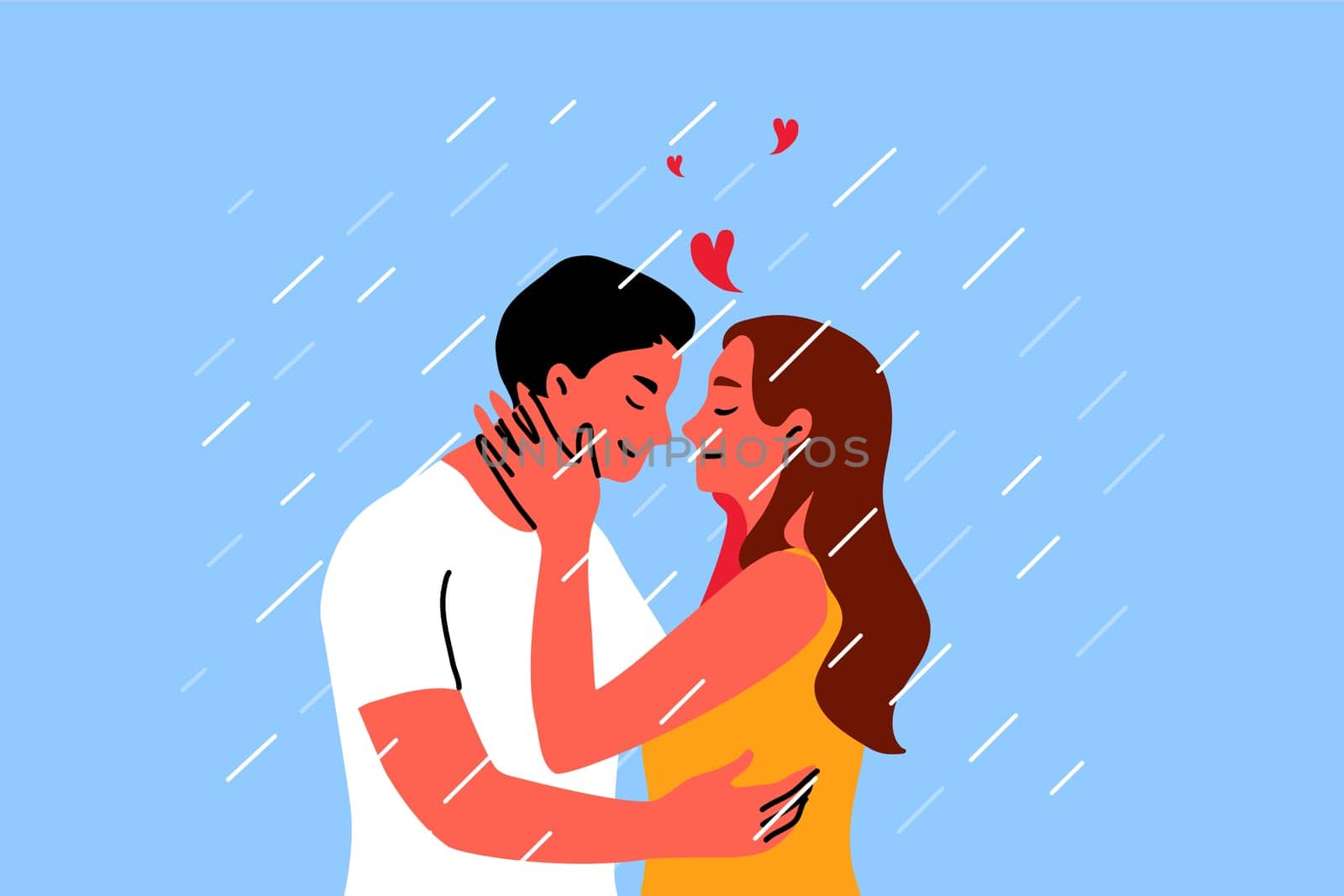 Couple, kiss, date, love concept. Young happy smiling boyfriend and girlfriend man and woman characters kissing hugging holding hands together. Romantic dating and loving relationship illustration.