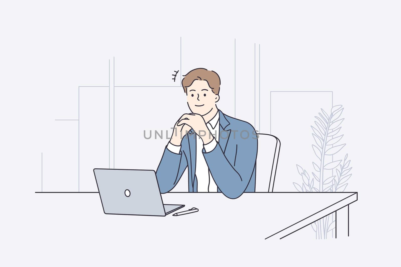 Businessman during work planning concept. Young positive businessman cartoon character sitting at desk deep in thought working on laptop in office vector illustration