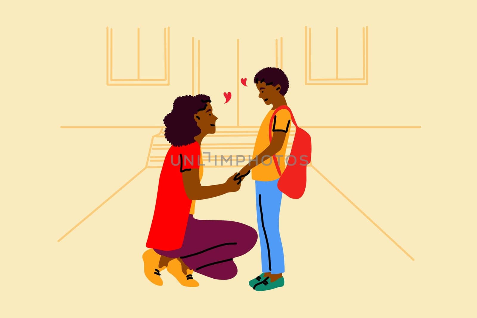 Education, motherhood, childhood, care concept. Young smiling african american woman mother cartoon character packing leading child kid son in first grade. Back to school and mothers day illustration.