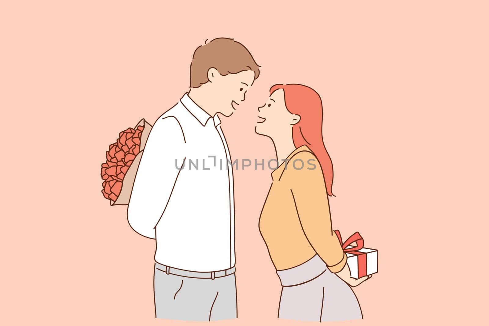 Love, valentines day and romantic dating concept. Young loving man and woman cartoon characters standing and preparing gifts for each other for holiday during date vector illustration