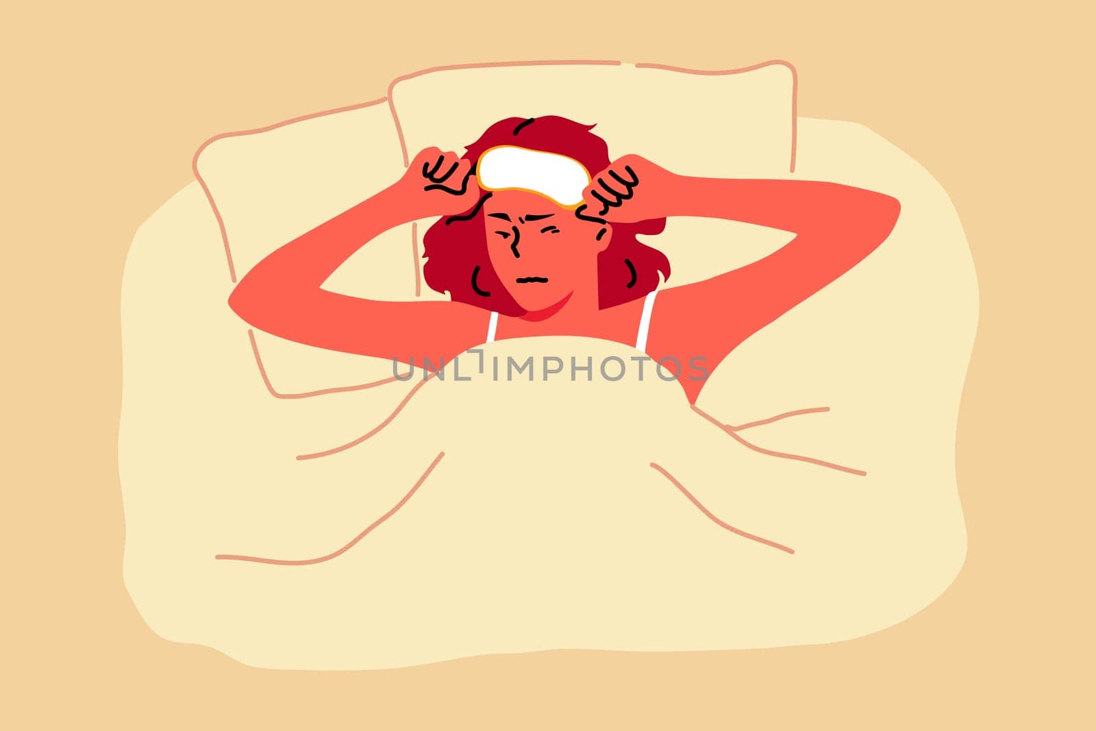 Irritation, morning, noise, health, recreation concept. Young exhausted woman raises slightly face mask and trying to open sleepy eyes needing more rest and out of energy. Time wake up illustration