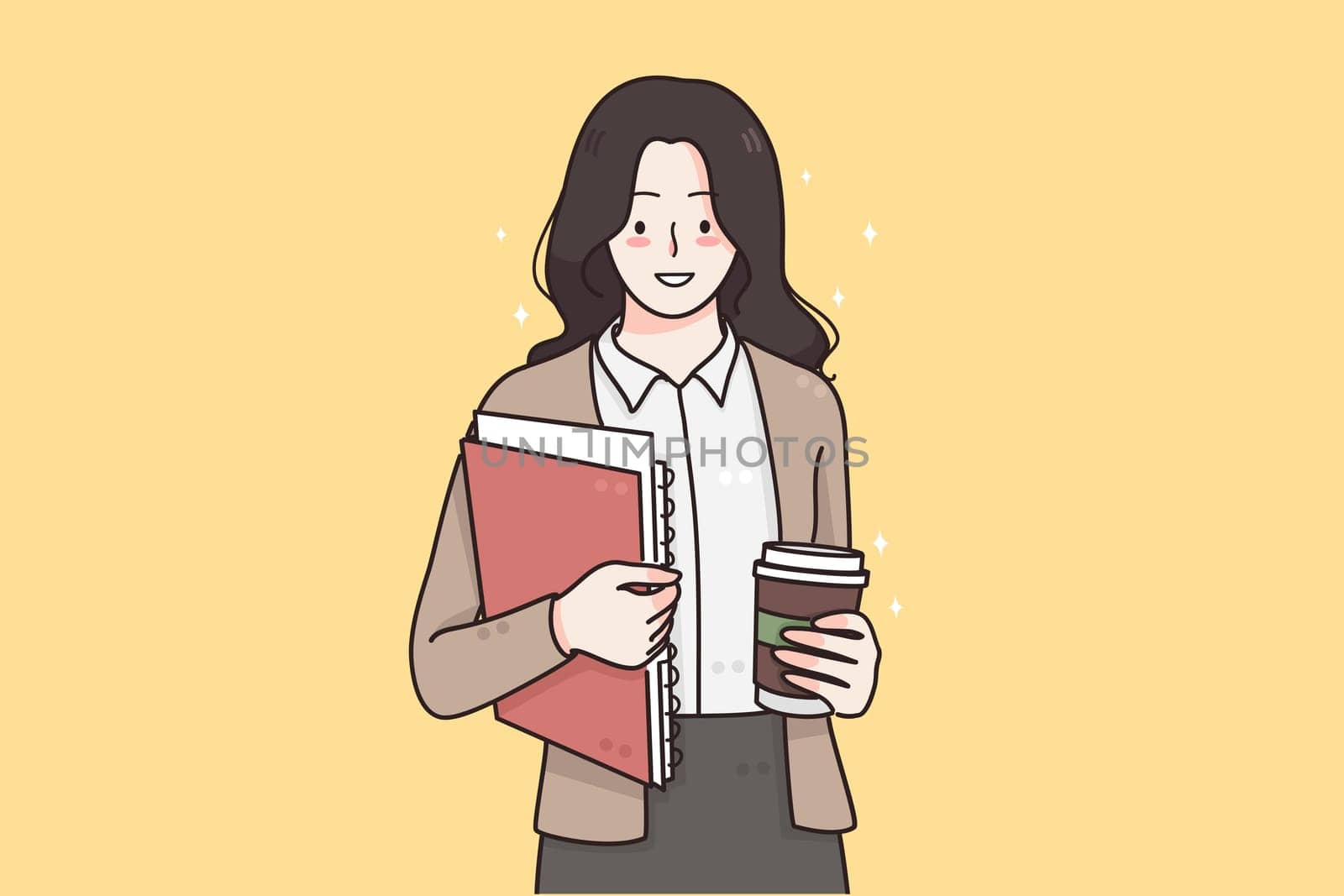 Working in office, business success, leadership concept. Young smiling business woman standing with coffee and documents in hands and feeling confident going to office vector illustration