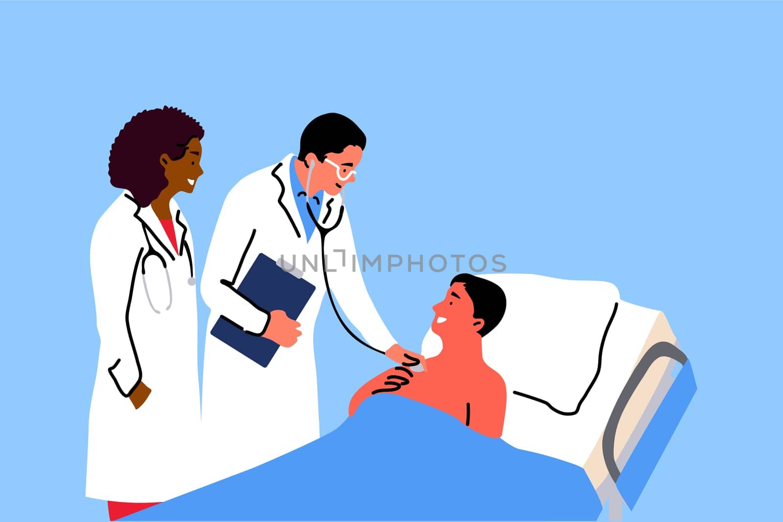 Healthcare, medicine, examination concept. Young man doctor and african american woman nurse hospital worker examinating sick patient asking about wellbeing. Daily support of ill people in clinic.