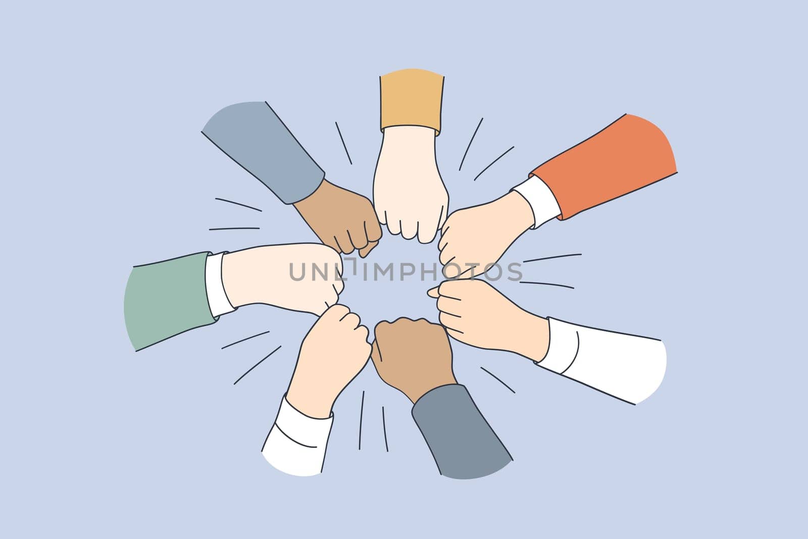 Teambuilding, motivation, Business team concept. Hands of businessman partners making circle of fists as concept of motivating engaging activity, reliable support, help in cooperation illustration