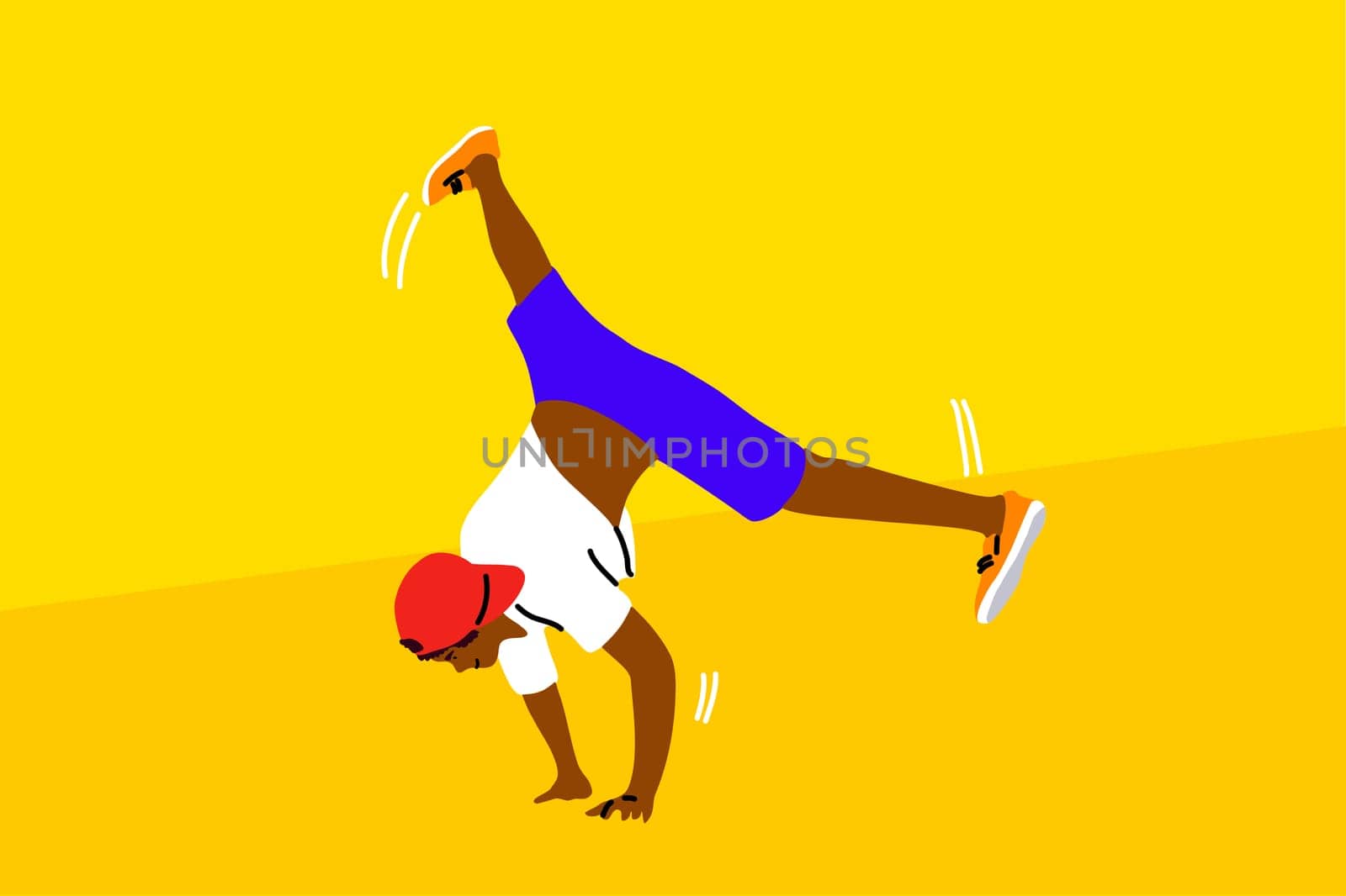 Dance, hip hop, sport, competition, performance, recreation concept. Young athletic man guy b-boy cartonn character standing hands and dancing break dance doing downrock. Active lifestyle illsutration