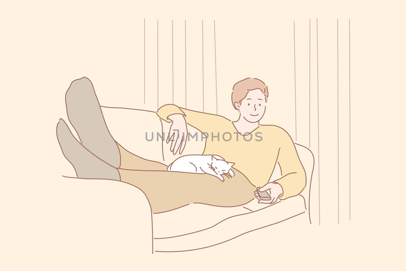Home rest, watching TV, pet, leisure time concept. Young man or boy laying on couch with sleeping white cat, holding remote control from TV set. Rest at home after working day. Leisure time. Vector.