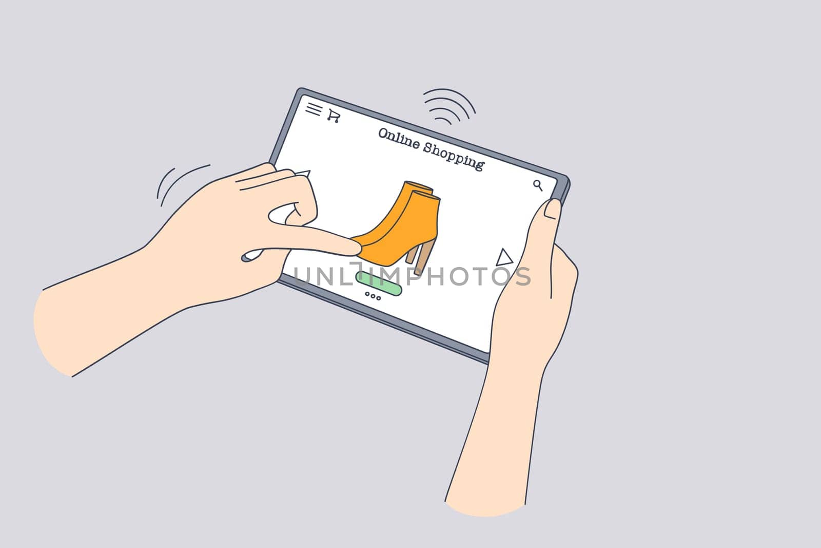 Online shopping, purchase in internet lockdown concept. Human hand choosing boots online on tablet during online shopping at coronavirus pandemic times vector illustration