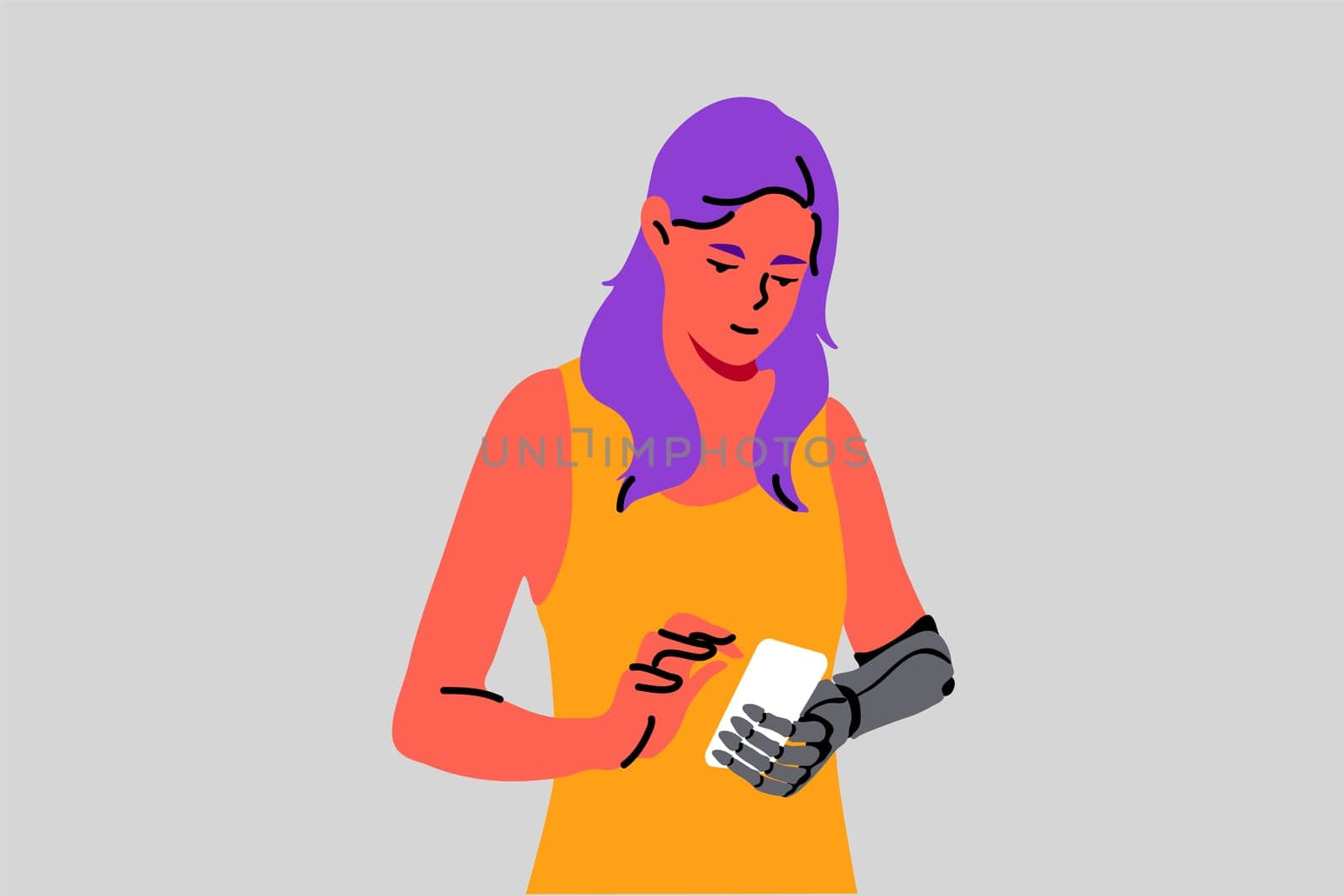 Technology, communication, injury, cybernetics, medicine concept. Young woman or girl using smartphone for chatting online with robotic hand. Replacing body part for normal life illustration