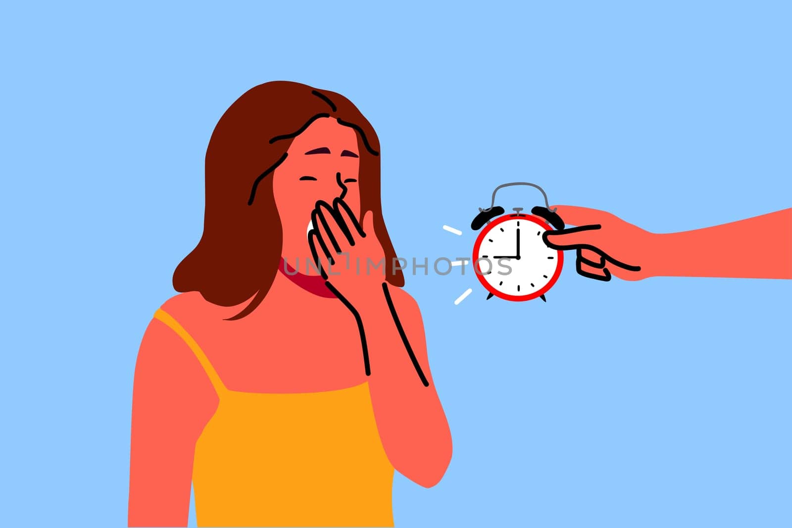 Health, care, dream, relaxation concept. tired young woman yawning with closed eyes exhausted after long hard day and invisible person holding alarm clock showing late time. Time sleep or wake up.