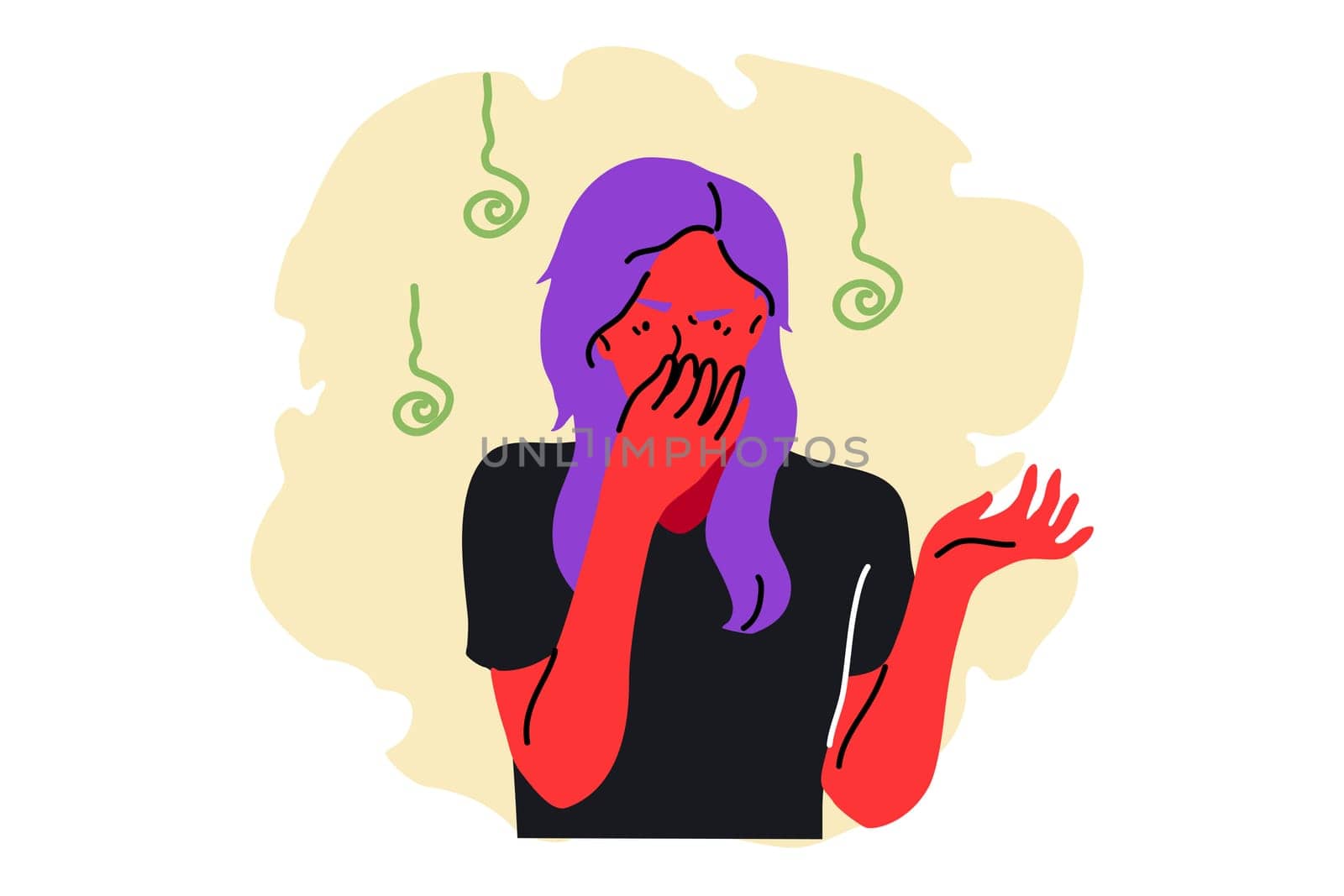 Smell, stench, disgust concept. awful odor. Young woman girl student character queezing nose with fingers smelling awful disguisting stinky scent. Negative facial expressions and gestures illustration