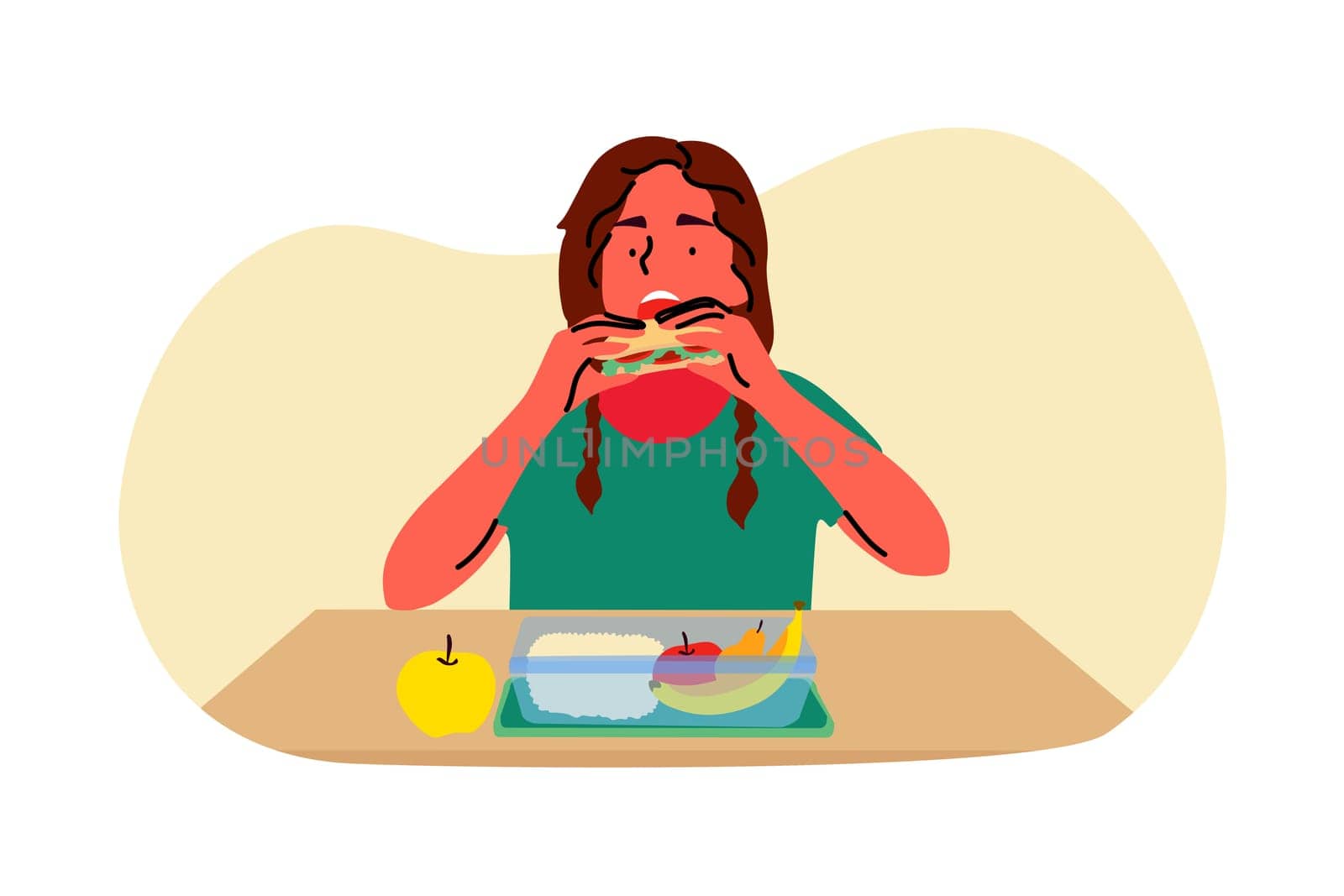Dinner, school, food, break, childhood concept. Young child kid girl tennager pupil cartoon character sitting and eating meal sandwitch from lunch boxes at breakfast. School supper time illustration