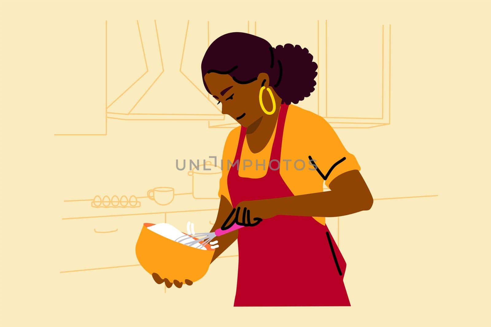 Cooking, baking, hobby, food, preparation concept. Young happy smiling african american woman housewife cooker chef checking mixed dough preparing cake. Making dishes and sweet desserts illustration.