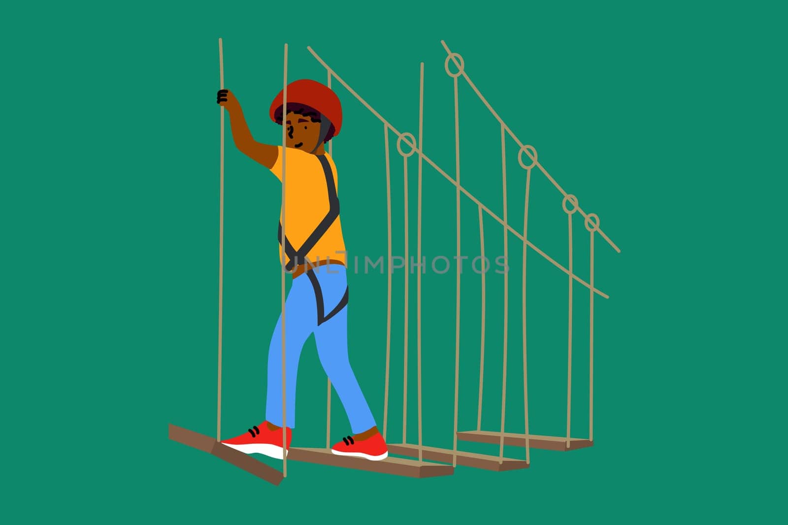 Sport, game, adventure, childhood, recreation concept. Young happy excited african american boy child kid climbing on high rope trail in amusement center. Extreme leisure in forest playground park.