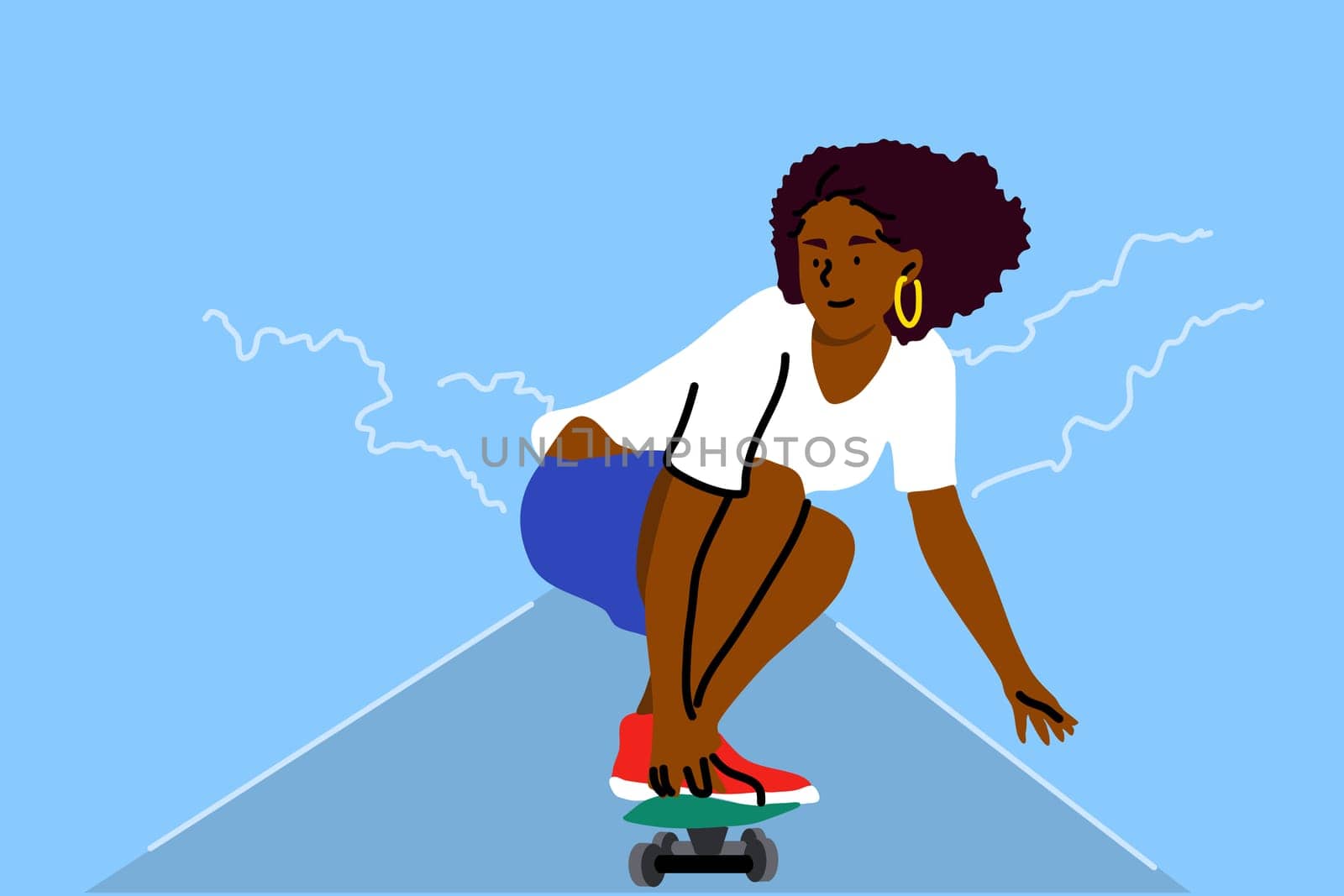 Skateboarding, sport, recreation, summertime concept. Young african american woman girl teenager athlete character riding skateboard and performing tricks. Active summer extreme lifestyle illustration