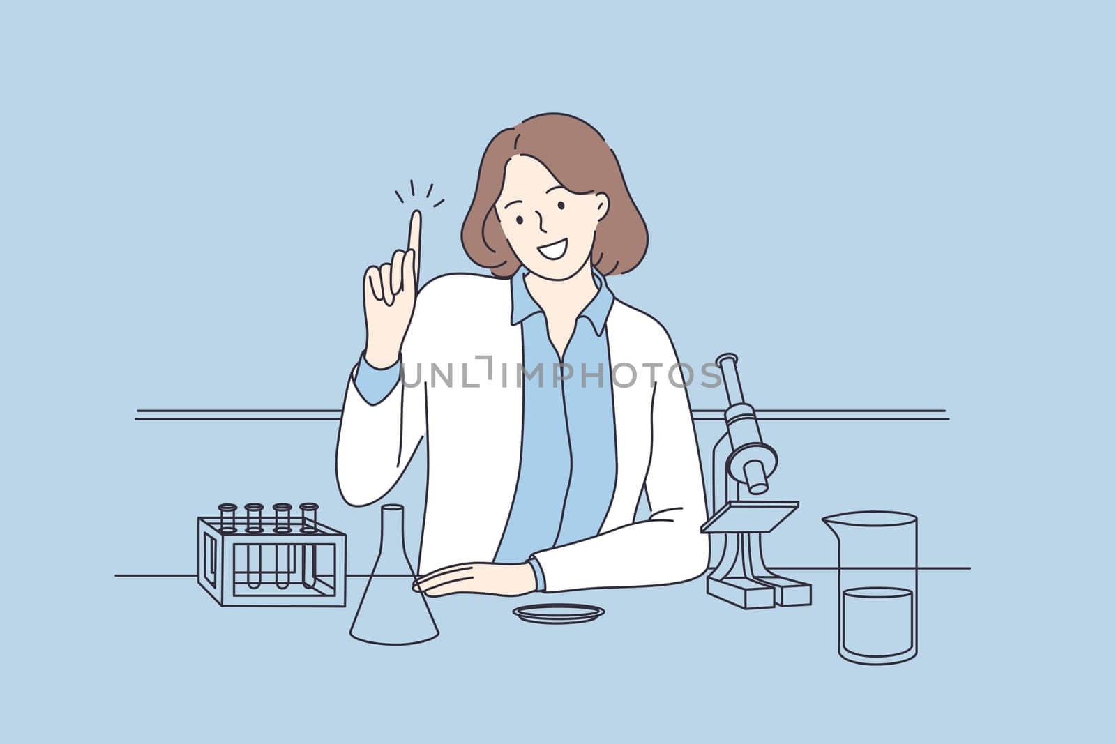 Research of Covid-19 virus concept. Young smiling woman scientist looking through microscope in laboratory doing some research vector illustration