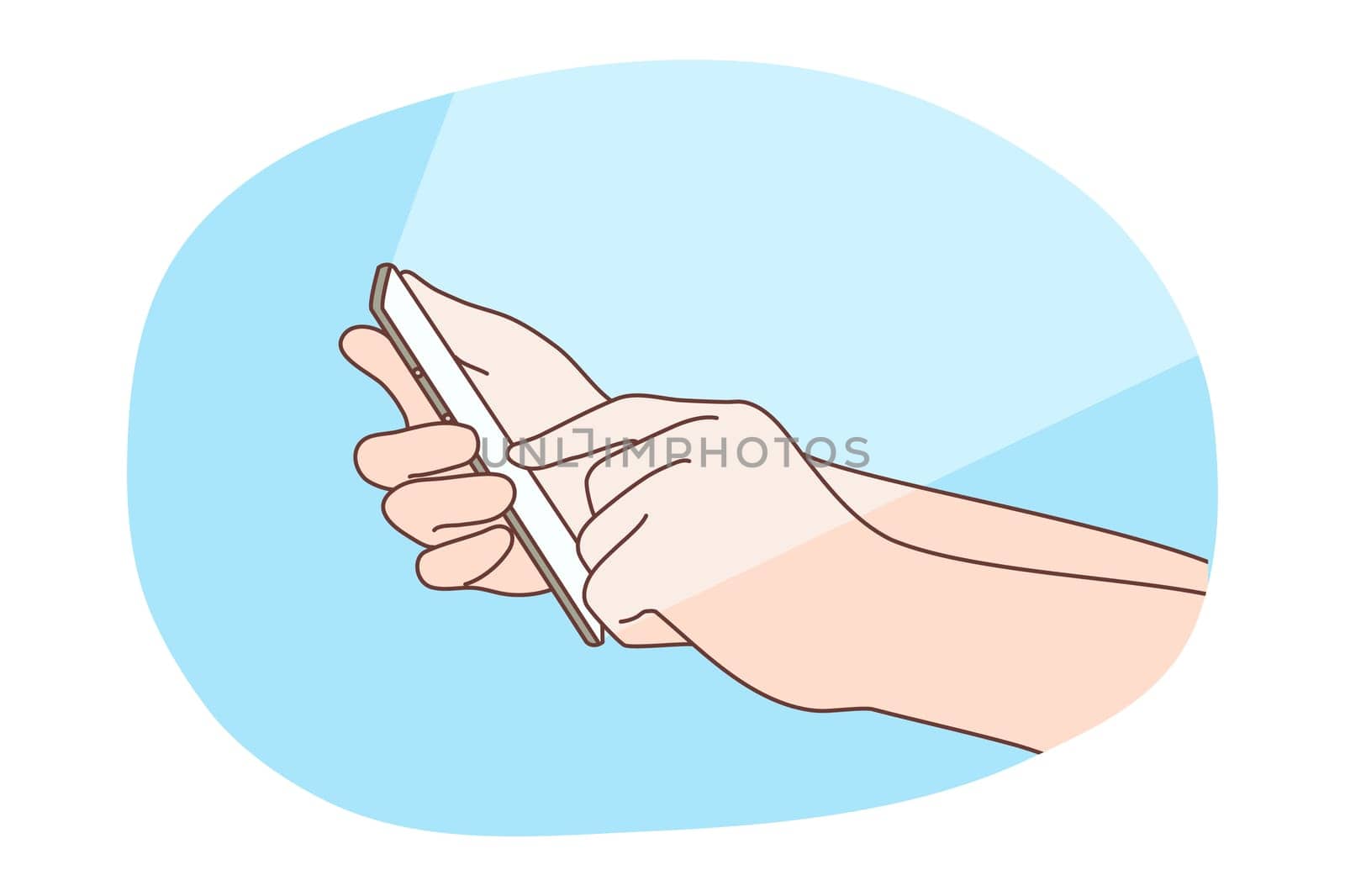 Social media, addiction, technology concept. Wireless communication and network dependency illustration. Human user male female character hand touching communicate using mobile phone display online.