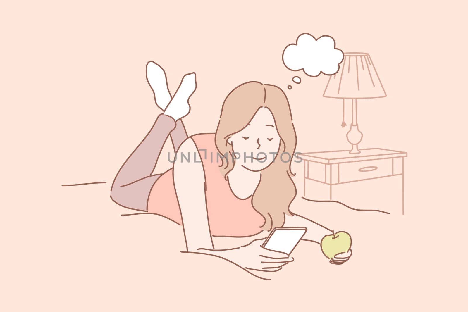 Online communication, social media or network concept. Young woman or girl laying on bed at home eating apple and chatting online using smartphone. Watching videos. Social media, network communication