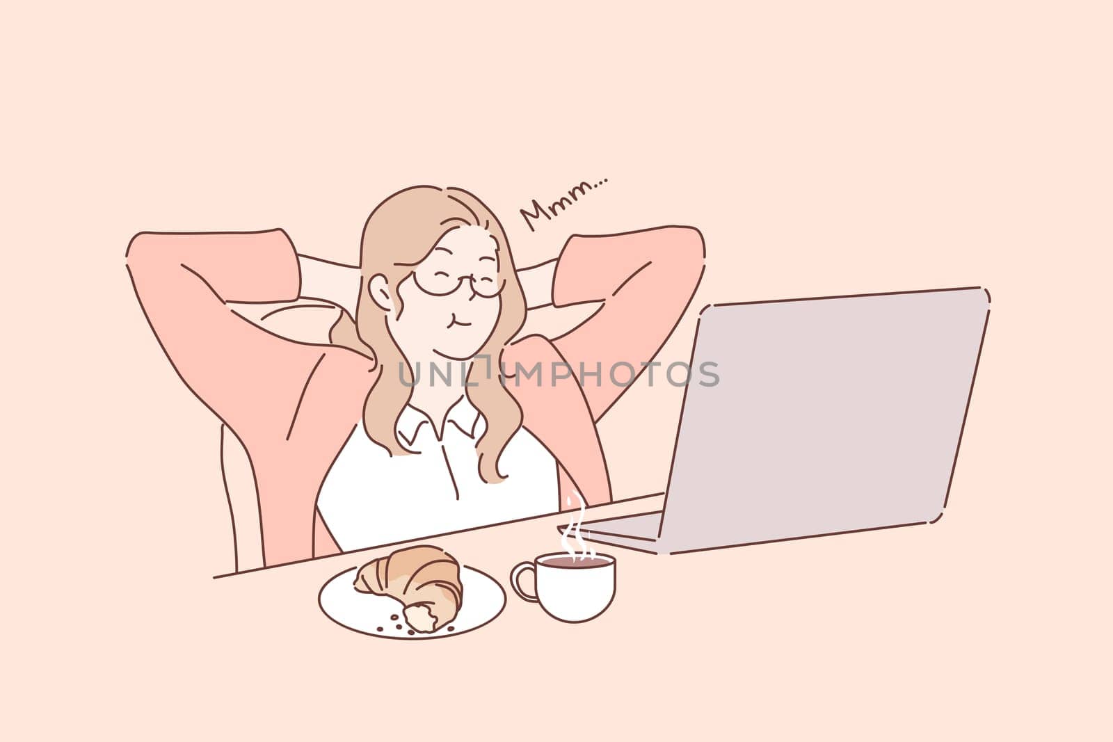 Lunch break, work rest, freelance, business concept. Young businesswoman or girl freelancer drinks coffee and croissant near laptop on workplace. Office unch break. Rest at work. Simple flat vector.