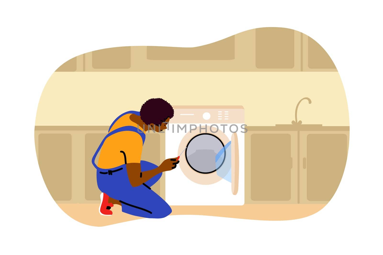 Repair, laundry, work, replacement concept. Young african american man plumber worker mechanic character repairing replacing washing machine at home. Domestic tools equipment maintenance illustration.